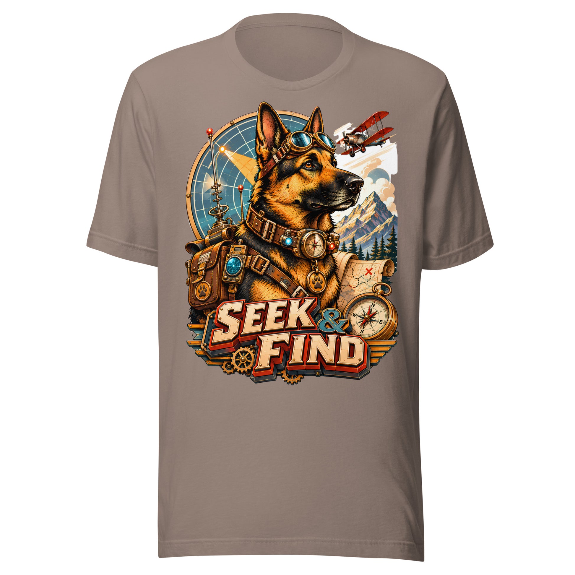 German Shepherd Lovers Unisex T-Shirt | "Seek & Find" Vintage Explorer Graphic Apparel by printfluence.net