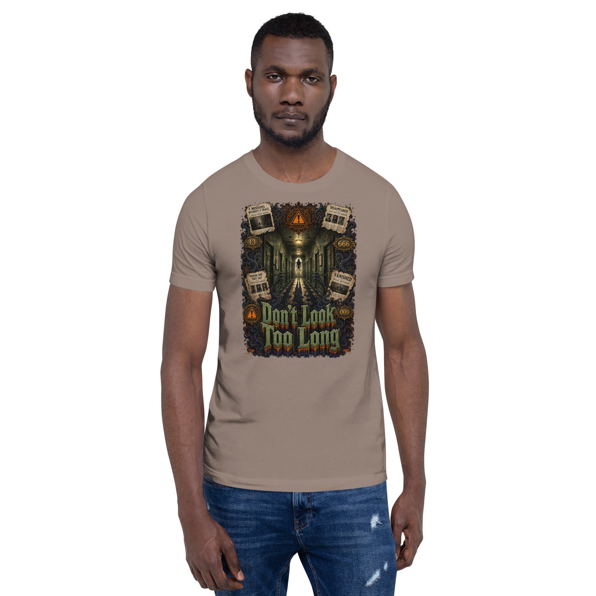 Horror and Mystery Lovers Unisex T-Shirt — "Don't Look Too Long" Creepy Hallway and Missing Persons Design by printfluence.net