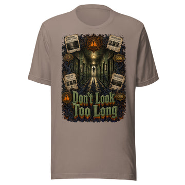 Horror and Mystery Lovers Unisex T-Shirt — "Don't Look Too Long" Creepy Hallway and Missing Persons Design by printfluence.net