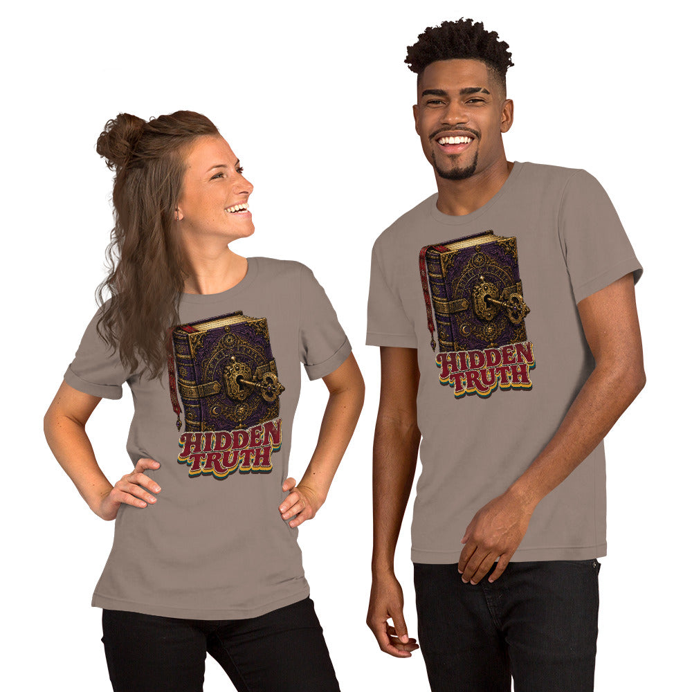 Horror and Mystery Lovers Unisex Staple T-Shirt — "Hidden Truth" Cursed Grimoire and Esoteric Key Design by printfluence.net