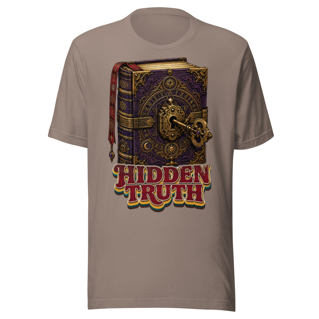 Horror and Mystery Lovers Unisex Staple T-Shirt — "Hidden Truth" Cursed Grimoire and Esoteric Key Design by printfluence.net
