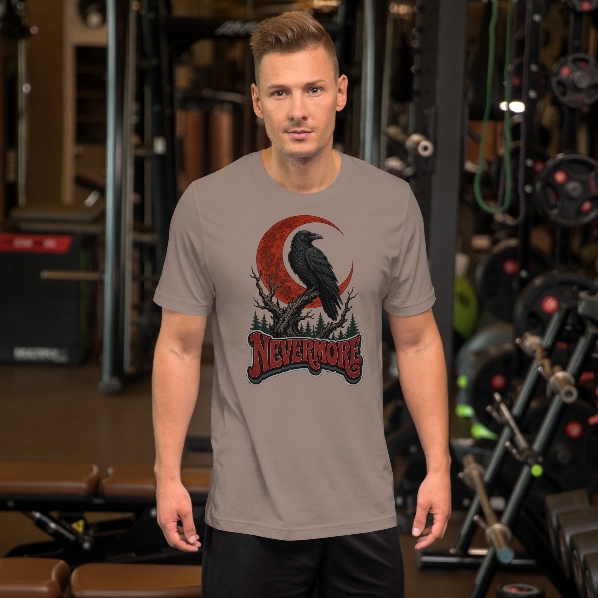 Horror & Mystery Lovers Unisex Staple T-Shirt — "Nevermore" Blood Moon Raven and Dead Tree Design by printfluence.net