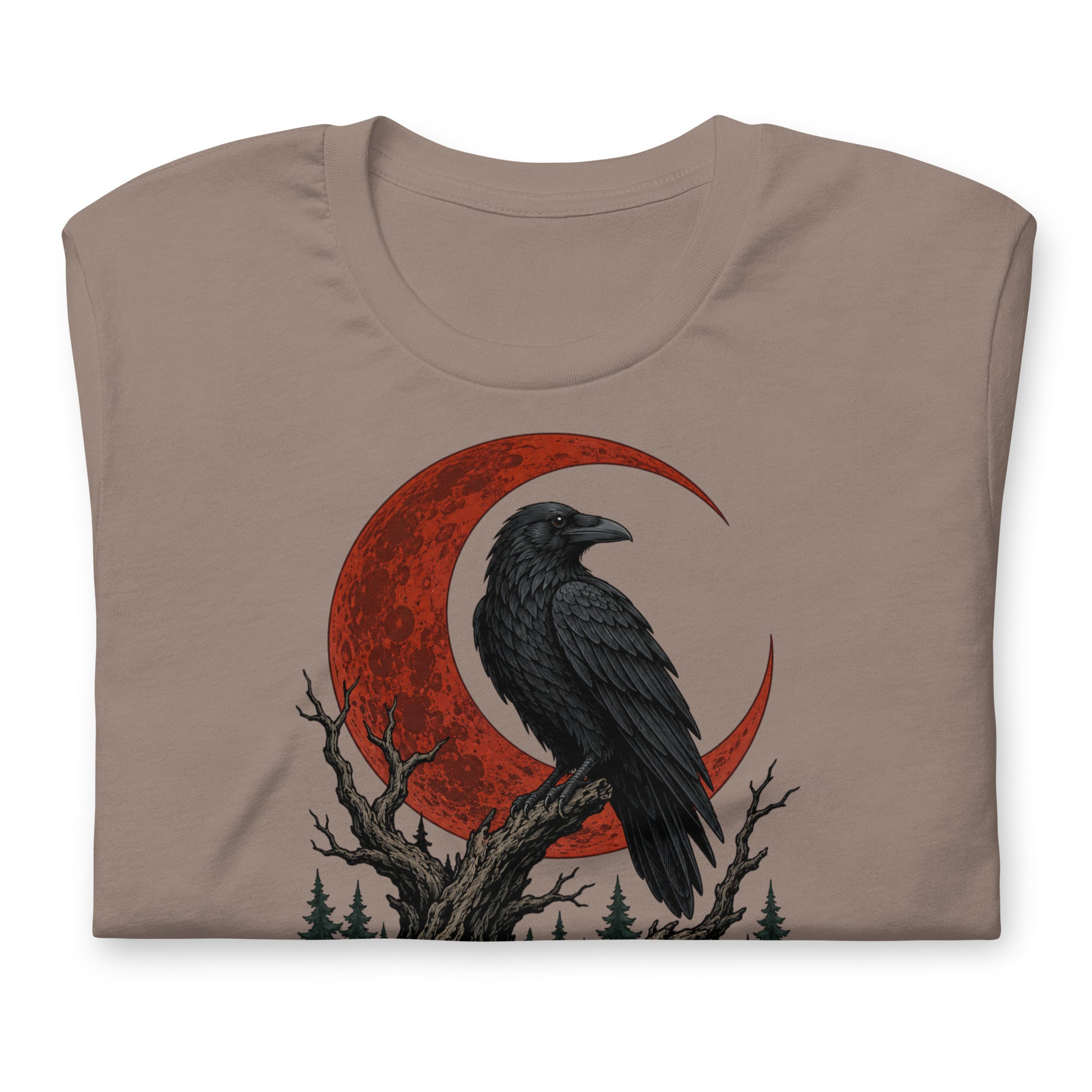 Horror & Mystery Lovers Unisex Staple T-Shirt — "Nevermore" Blood Moon Raven and Dead Tree Design by printfluence.net