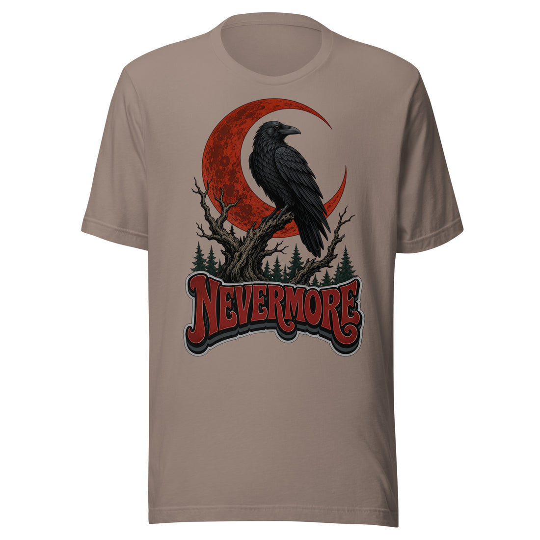 Horror & Mystery Lovers Unisex Staple T-Shirt — "Nevermore" Blood Moon Raven and Dead Tree Design by printfluence.net