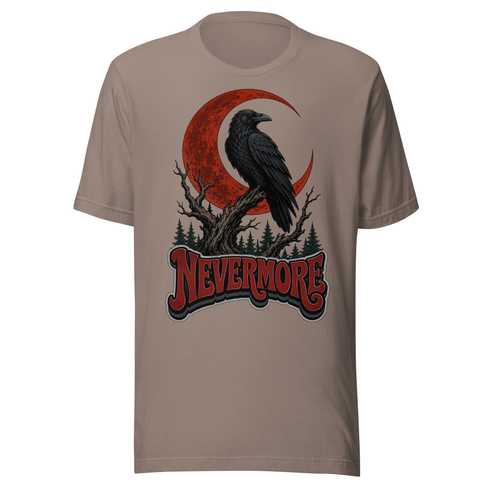 Horror & Mystery Lovers Unisex Staple T-Shirt — "Nevermore" Blood Moon Raven and Dead Tree Design by printfluence.net