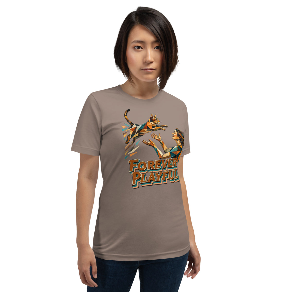 Cat Lovers Unisex Staple T-Shirt – Forever Playful Geometric Cat Design by printfluence.net