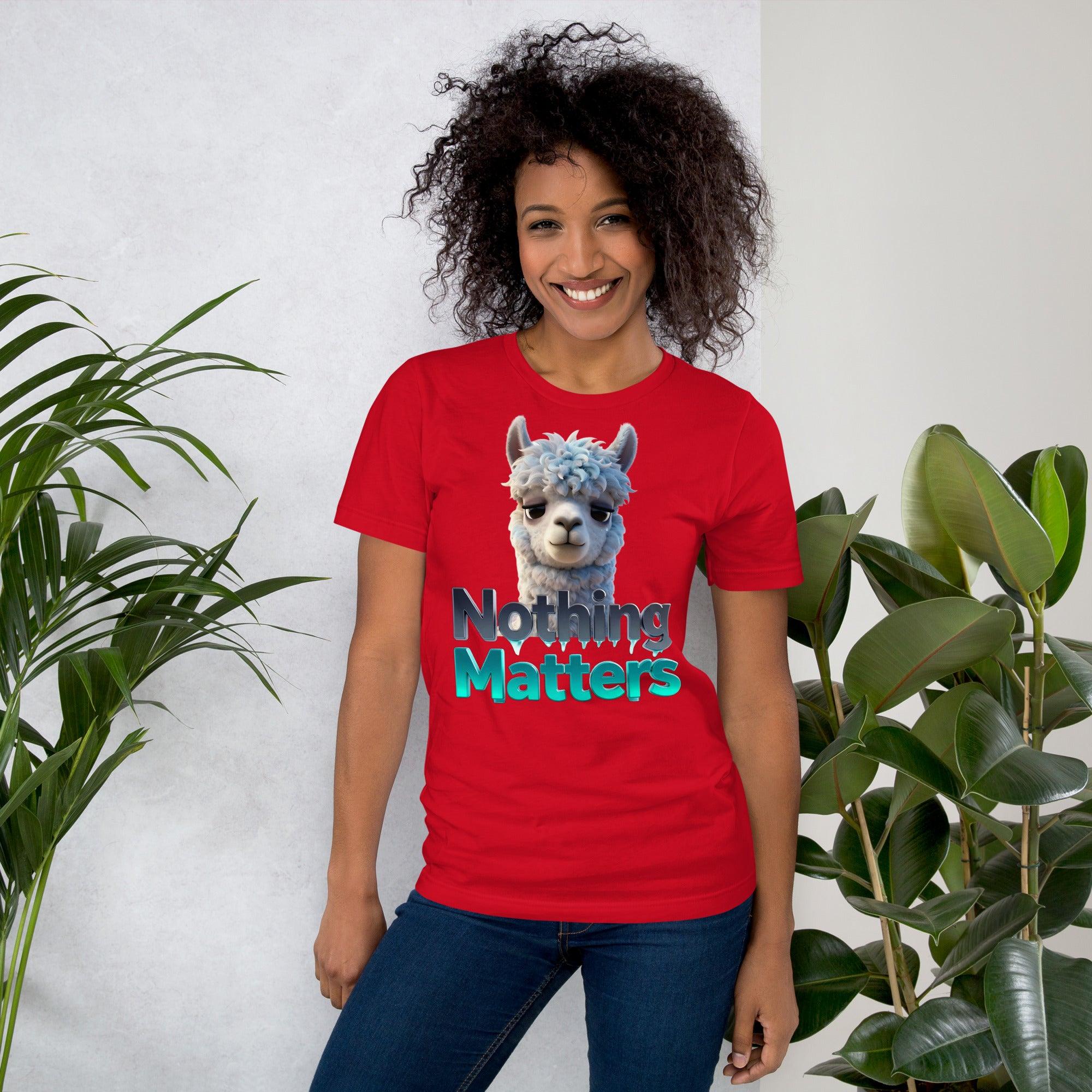 Unisex t-shirt - Sad Llama Nothing Matters Tee – Funny Nihilist Unisex Vibes by printfluence.net