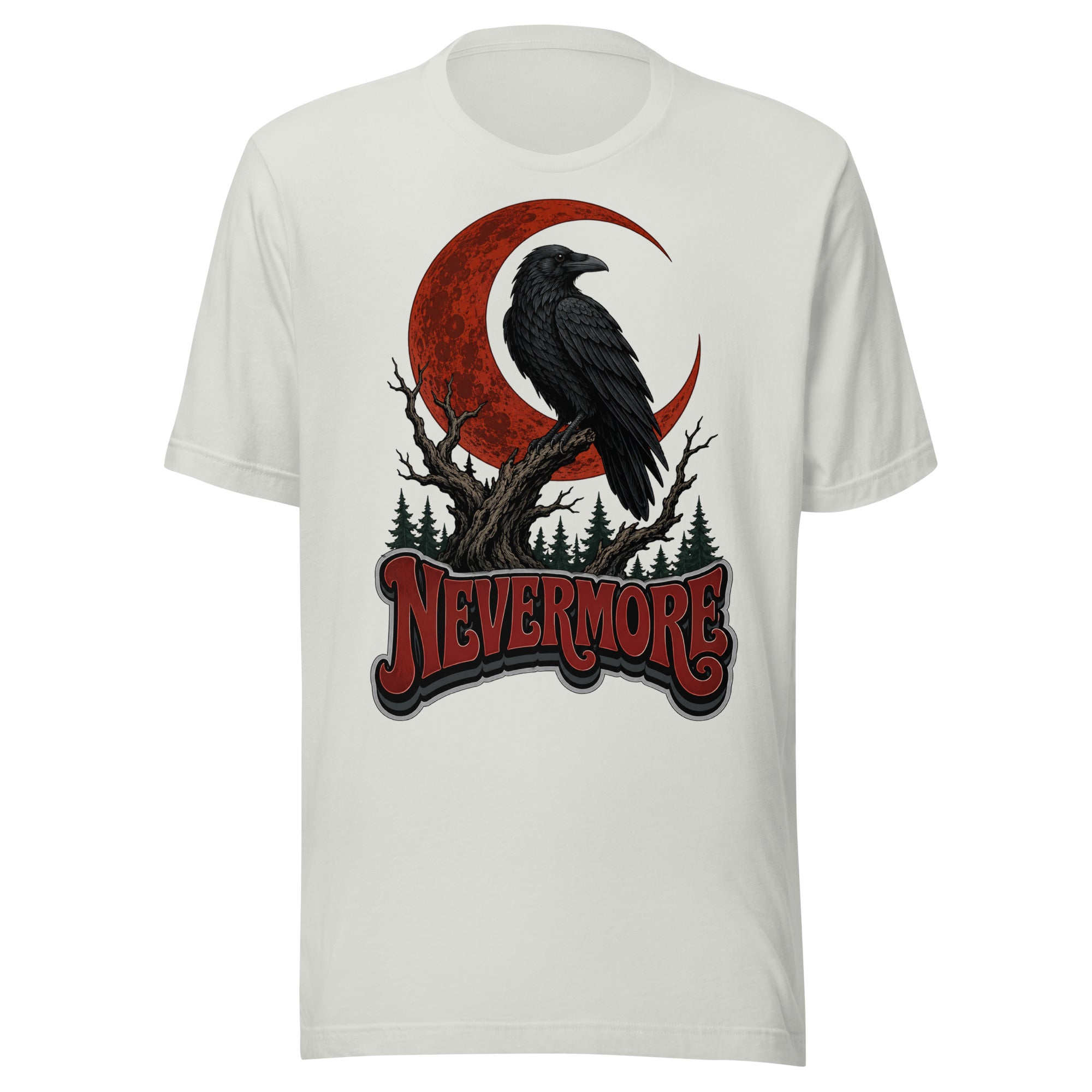 Horror & Mystery Lovers Unisex Staple T-Shirt — "Nevermore" Blood Moon Raven and Dead Tree Design by printfluence.net