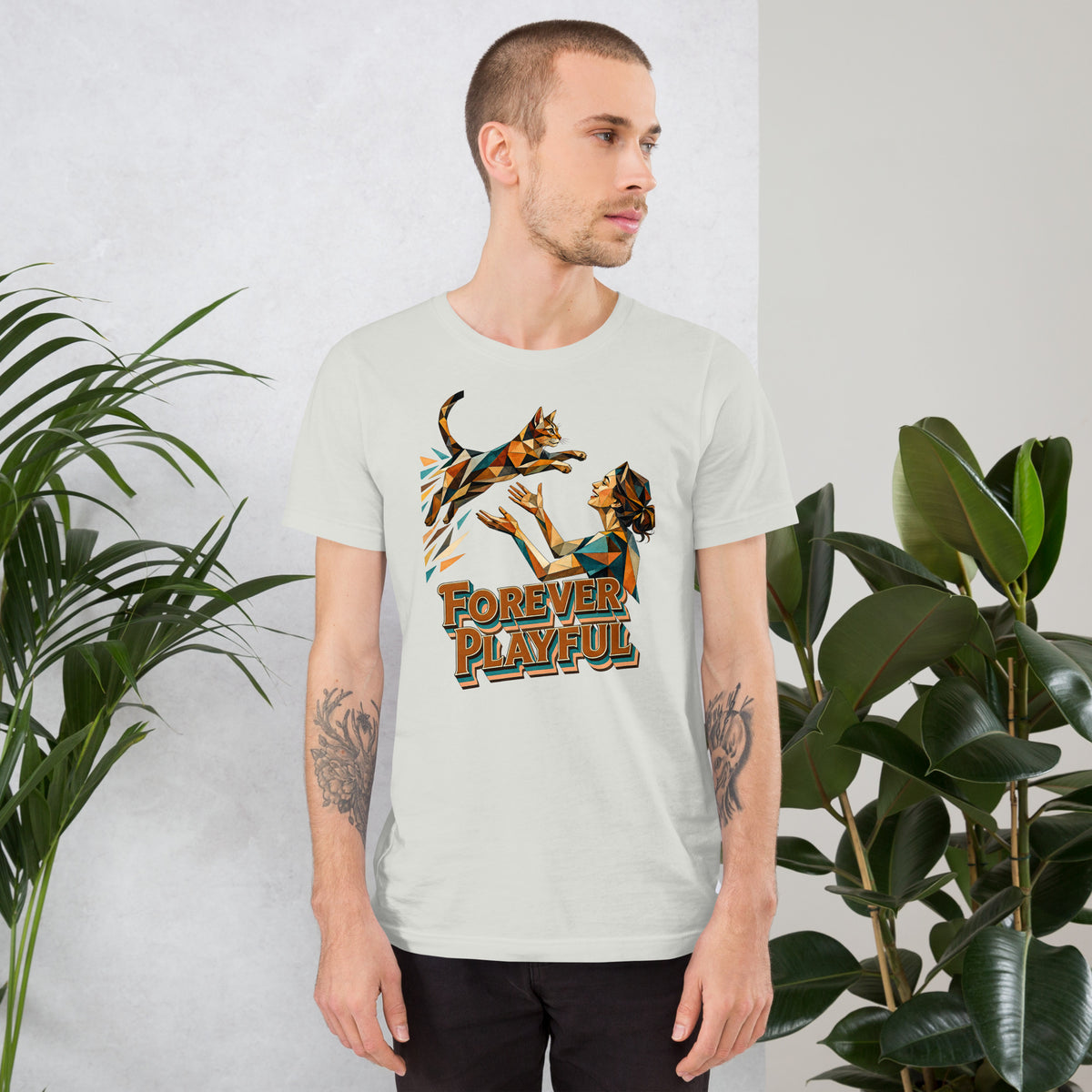 Cat Lovers Unisex Staple T-Shirt – Forever Playful Geometric Cat Design by printfluence.net