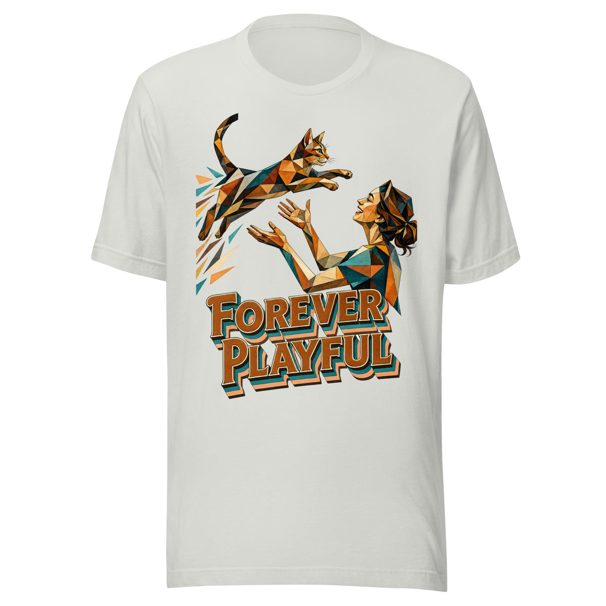 Cat Lovers Unisex Staple T-Shirt – Forever Playful Geometric Cat Design by printfluence.net