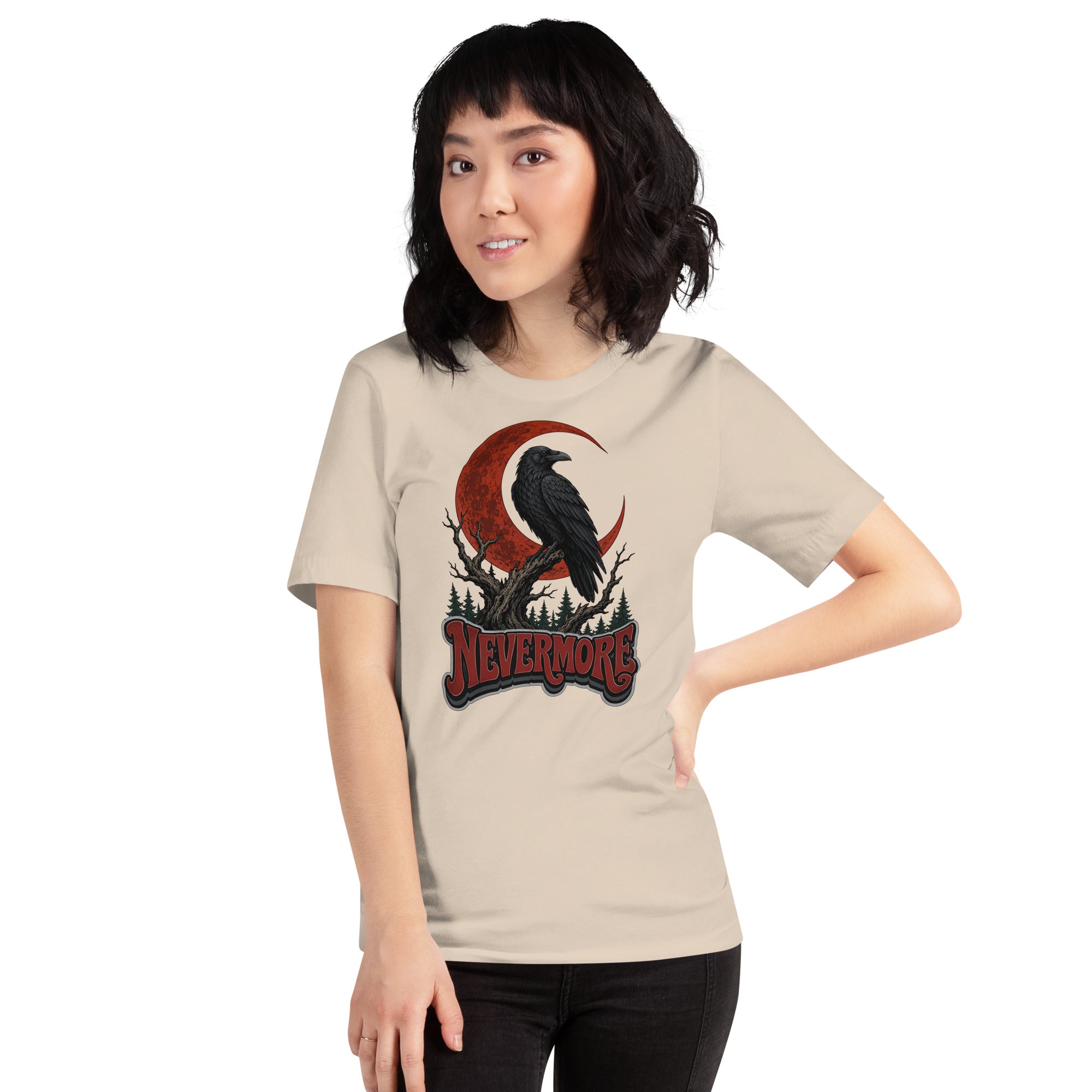 Horror & Mystery Lovers Unisex Staple T-Shirt — "Nevermore" Blood Moon Raven and Dead Tree Design by printfluence.net