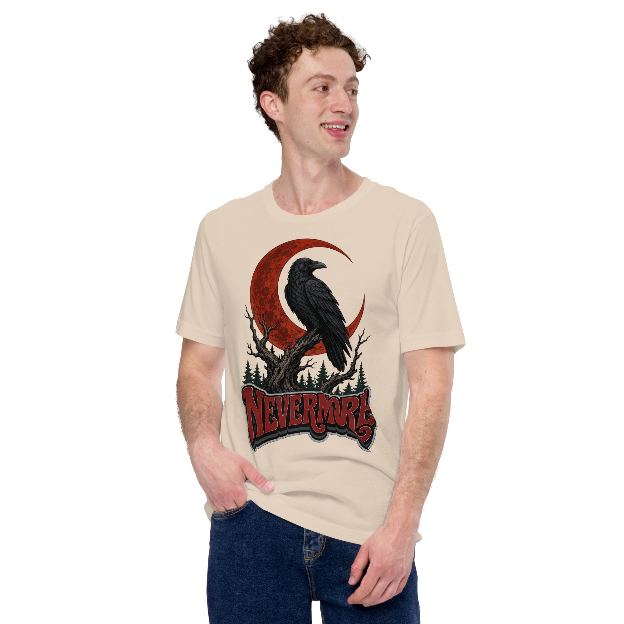 Horror & Mystery Lovers Unisex Staple T-Shirt — "Nevermore" Blood Moon Raven and Dead Tree Design by printfluence.net