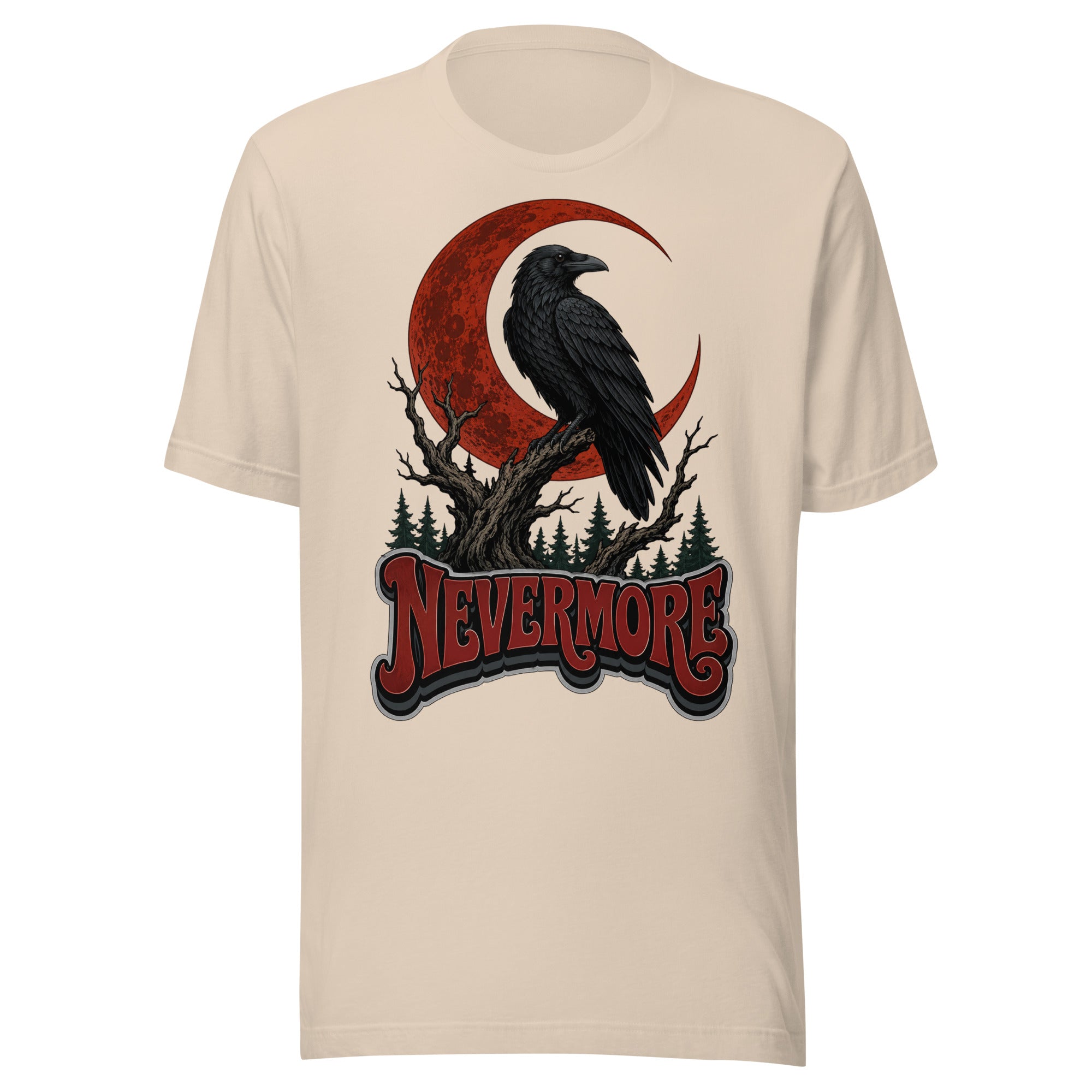 Horror & Mystery Lovers Unisex Staple T-Shirt — "Nevermore" Blood Moon Raven and Dead Tree Design by printfluence.net