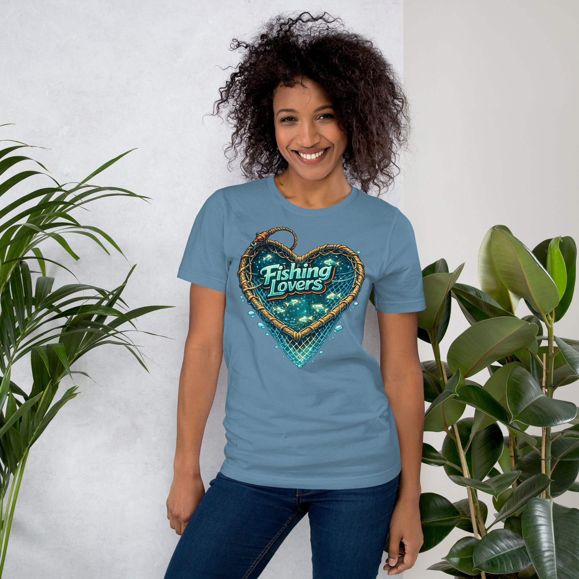 Fishing Lovers T-Shirt - Cute Heart Fish Net Graphic Tee for Fishermen & Coffee Lovers by printfluence.net