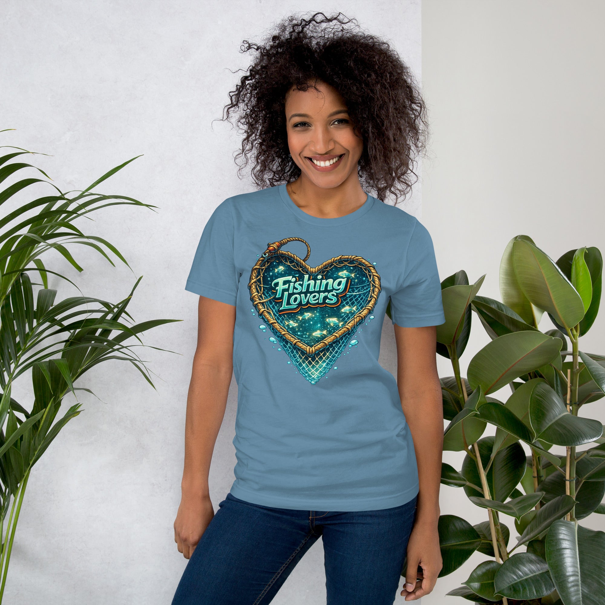Fishing Lovers T-Shirt - Cute Heart Fish Net Graphic Tee for Fishermen & Coffee Lovers by printfluence.net