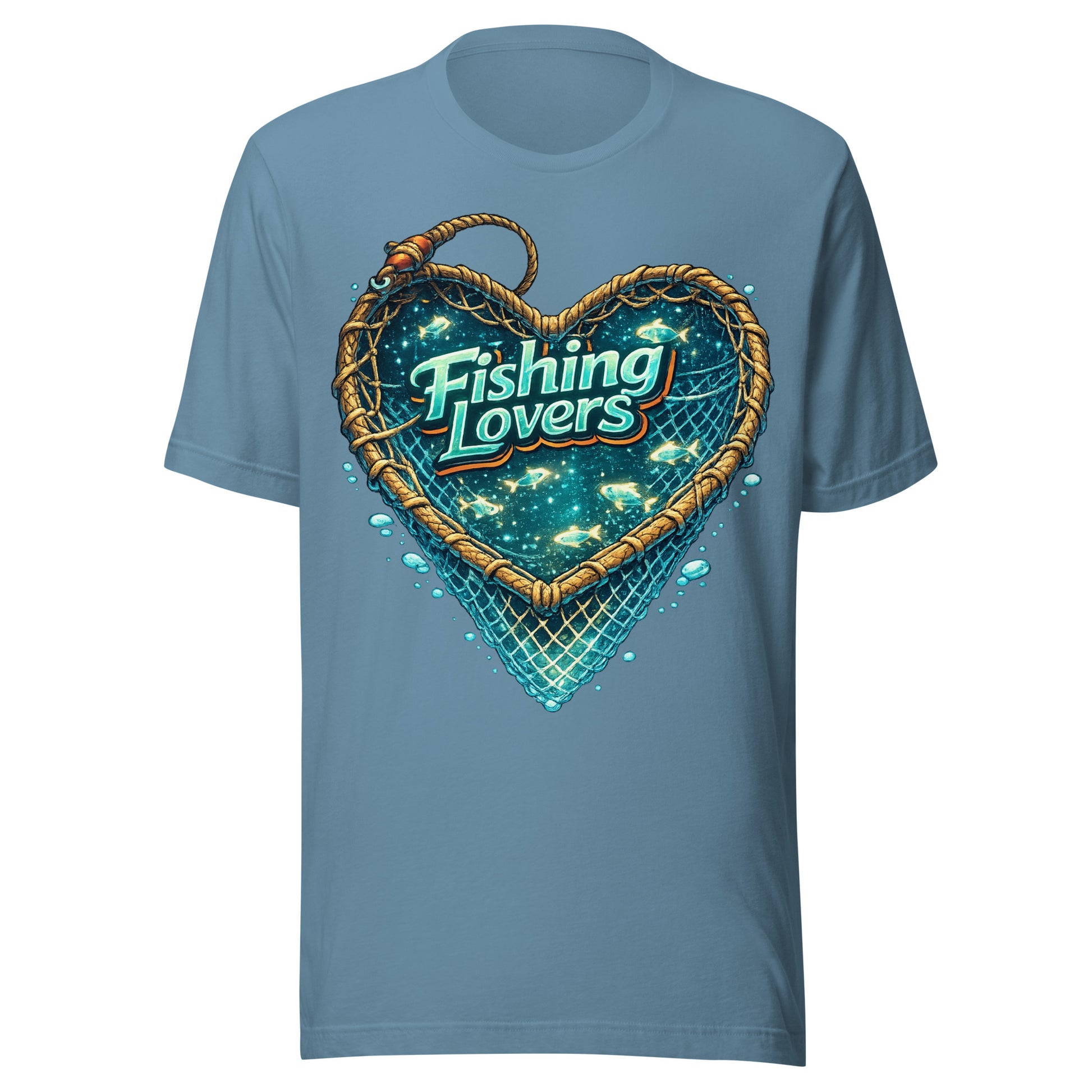 Fishing Lovers T-Shirt - Cute Heart Fish Net Graphic Tee for Fishermen & Coffee Lovers by printfluence.net