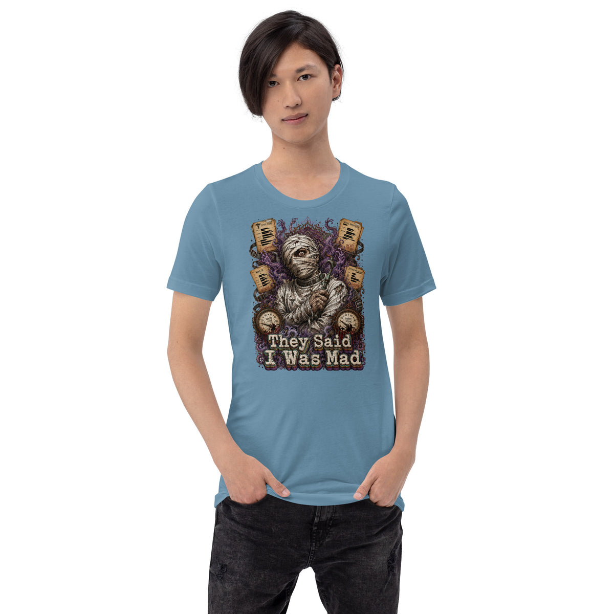 Horror and Mystery Lovers Unisex Staple T-Shirt — "They Said I Was Mad" Asylum Patient and Sanity Meter Design by printfluence.net