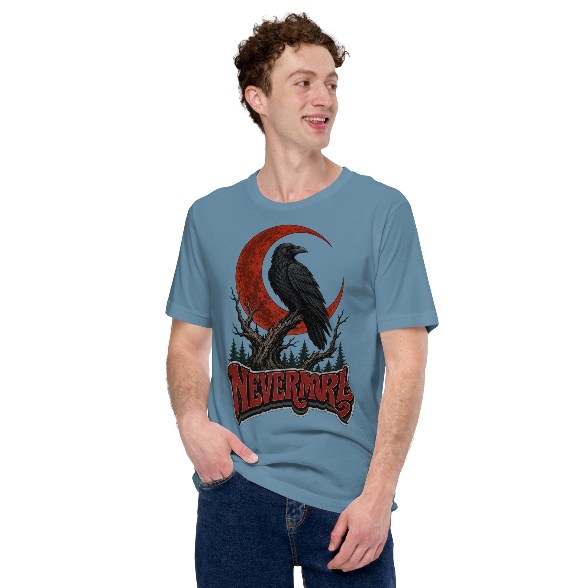 Horror & Mystery Lovers Unisex Staple T-Shirt — "Nevermore" Blood Moon Raven and Dead Tree Design by printfluence.net