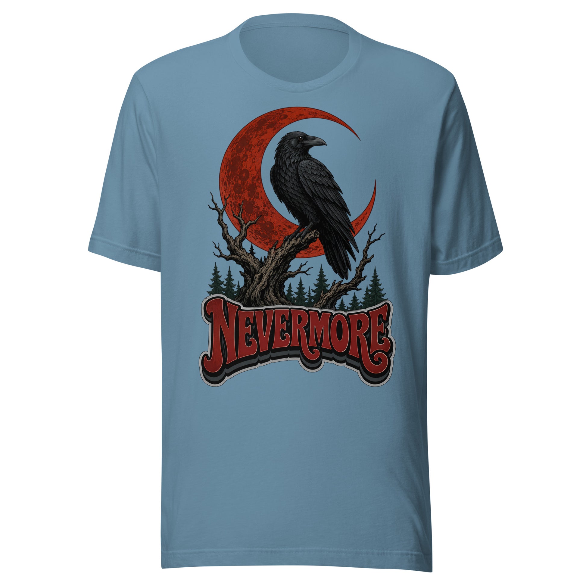 Horror & Mystery Lovers Unisex Staple T-Shirt — "Nevermore" Blood Moon Raven and Dead Tree Design by printfluence.net