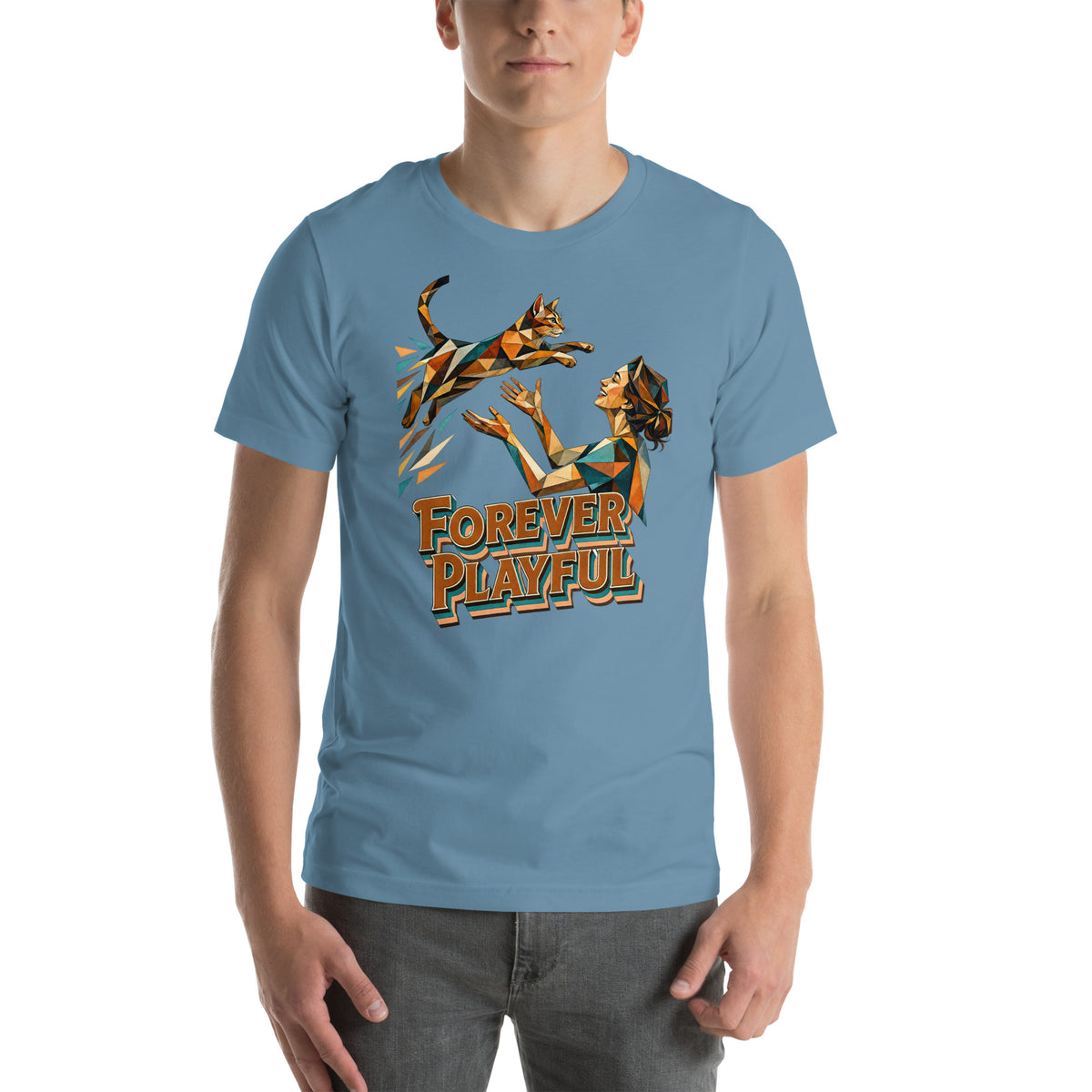 Cat Lovers Unisex Staple T-Shirt – Forever Playful Geometric Cat Design by printfluence.net