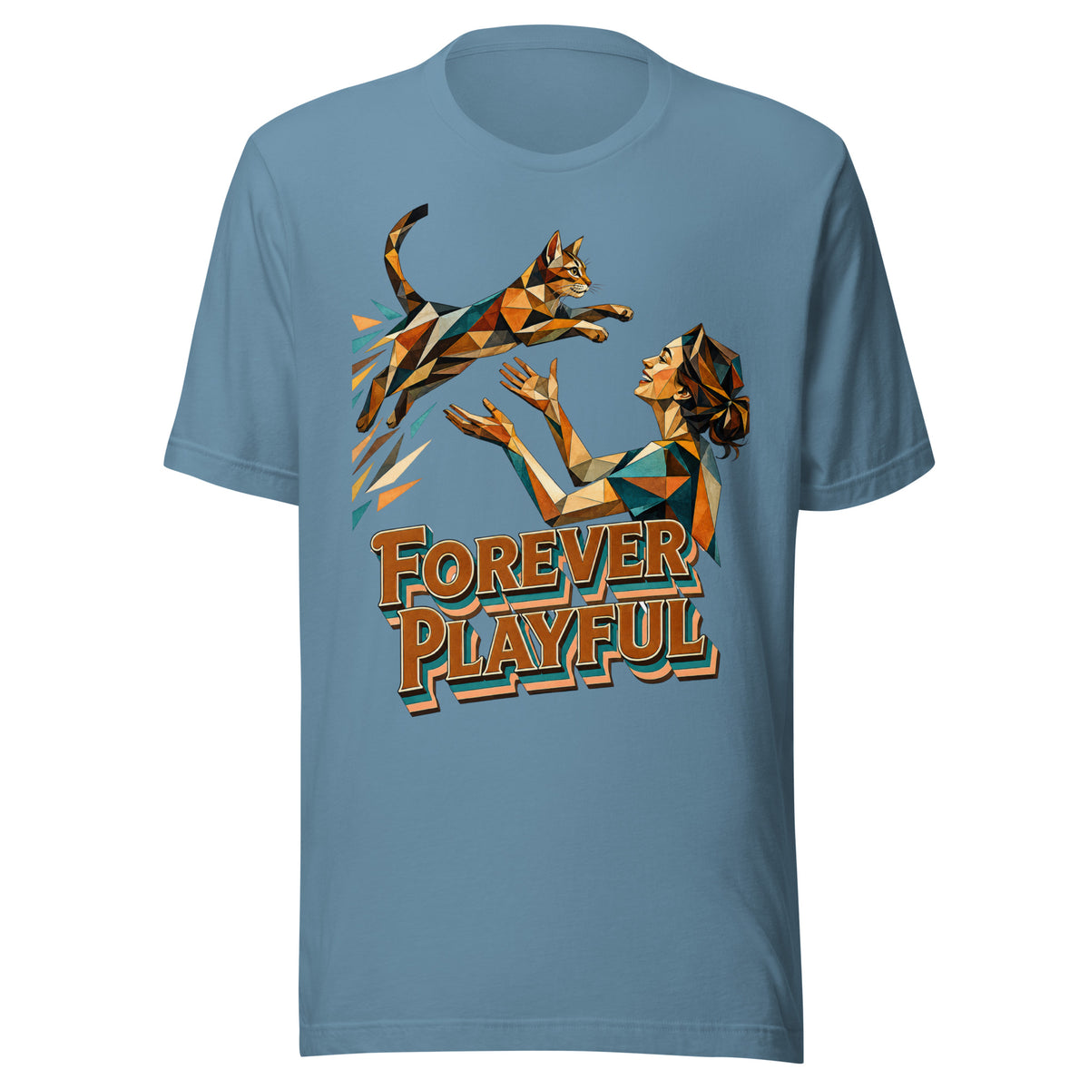 Cat Lovers Unisex Staple T-Shirt – Forever Playful Geometric Cat Design by printfluence.net
