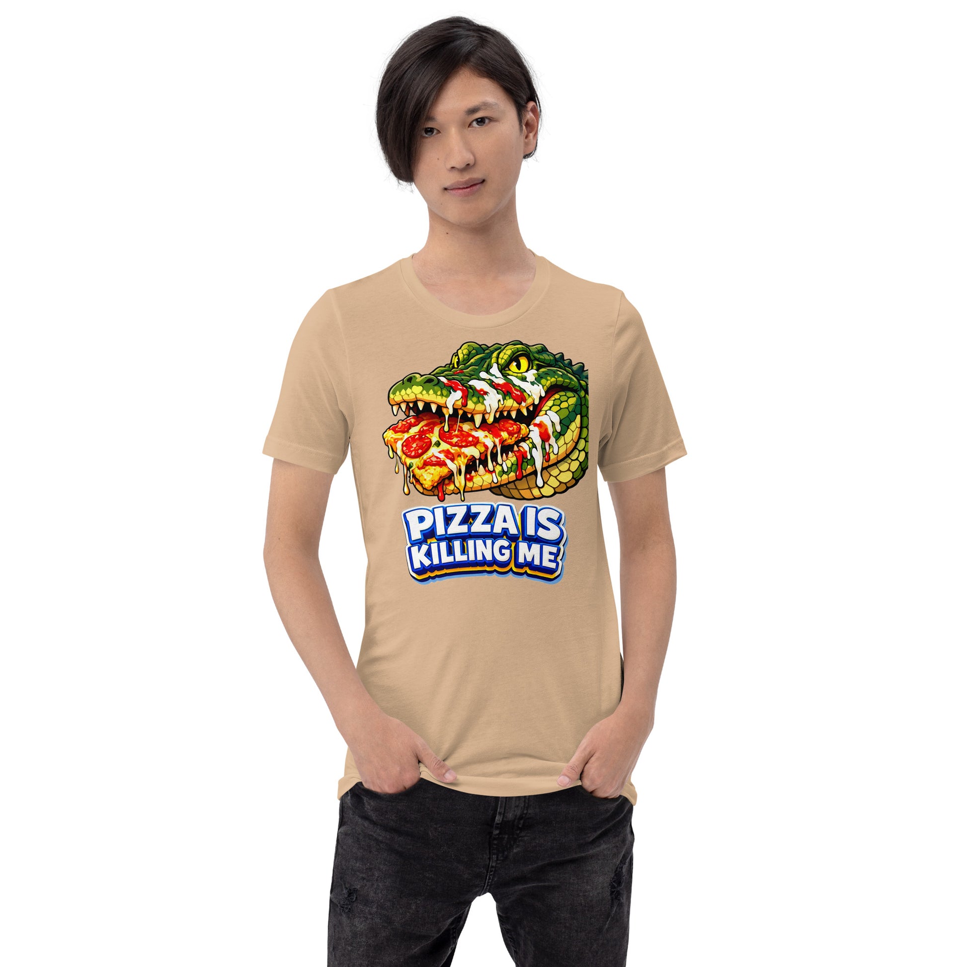 Unisex t-shirt - "Pizza Is Killing Me" Funny Crocodile Graphic Tee – Retro Pizza Lover Streetwear by printfluence.net