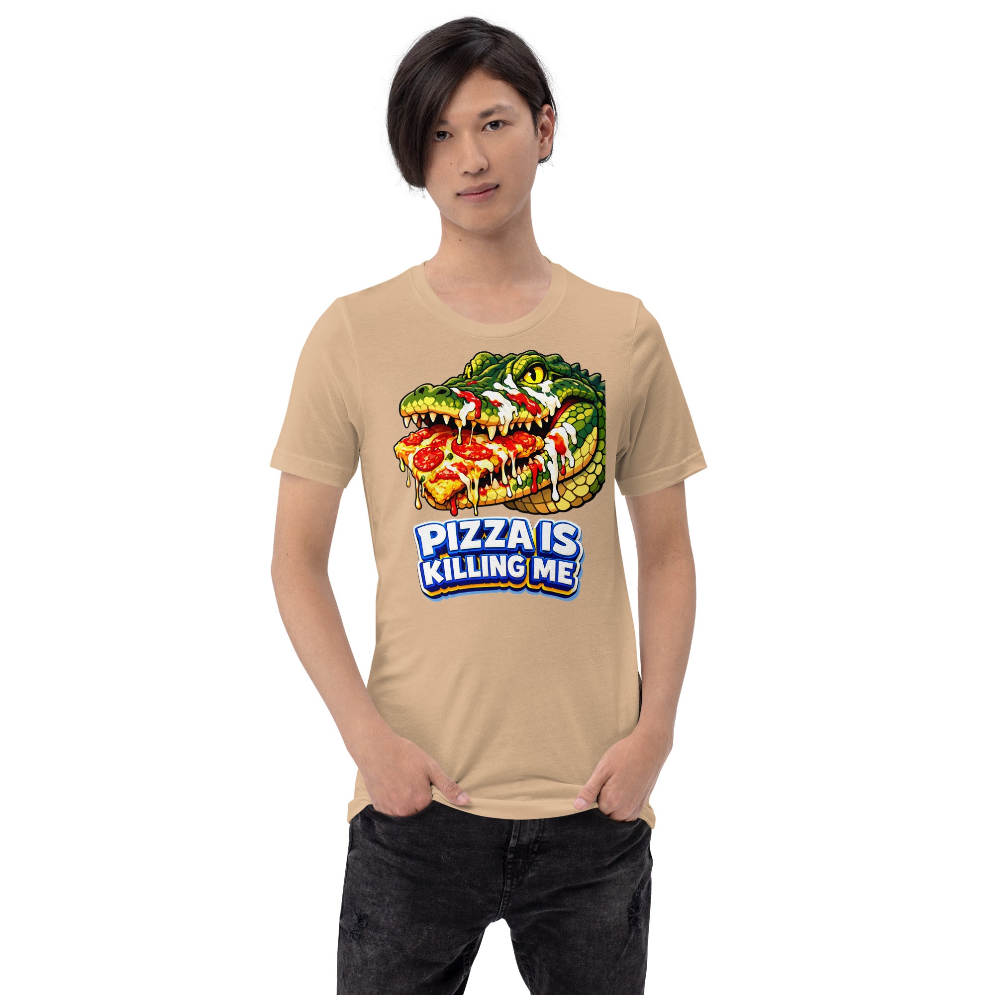 Unisex t-shirt - "Pizza Is Killing Me" Funny Crocodile Graphic Tee – Retro Pizza Lover Streetwear by printfluence.net