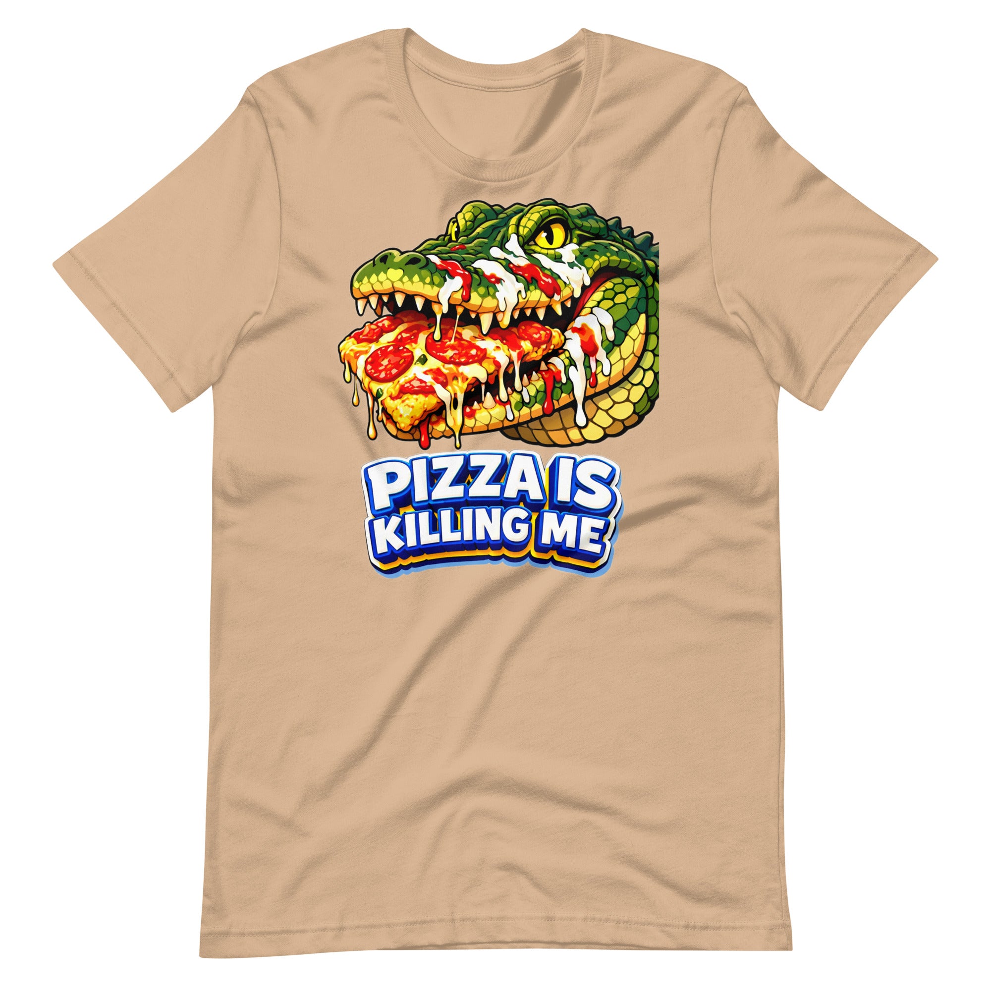 Unisex t-shirt - "Pizza Is Killing Me" Funny Crocodile Graphic Tee – Retro Pizza Lover Streetwear by printfluence.net