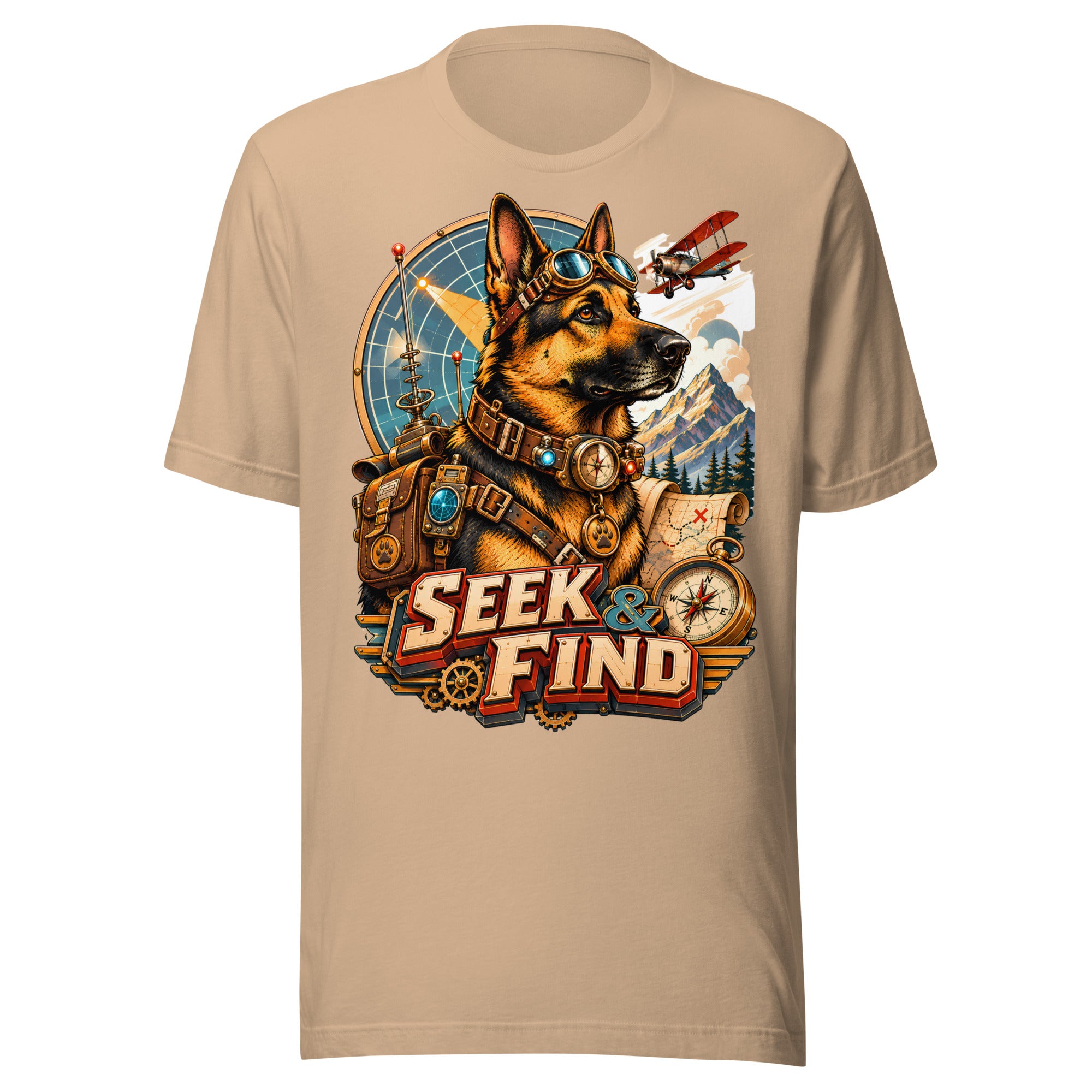 German Shepherd Lovers Unisex T-Shirt | "Seek & Find" Vintage Explorer Graphic Apparel by printfluence.net