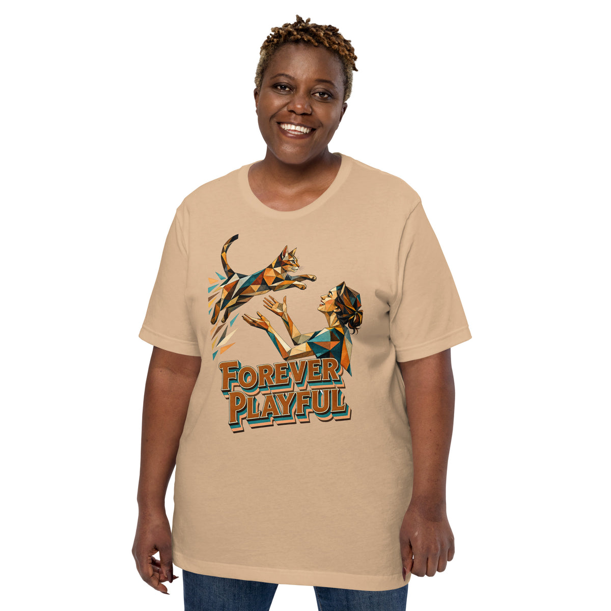 Cat Lovers Unisex Staple T-Shirt – Forever Playful Geometric Cat Design by printfluence.net