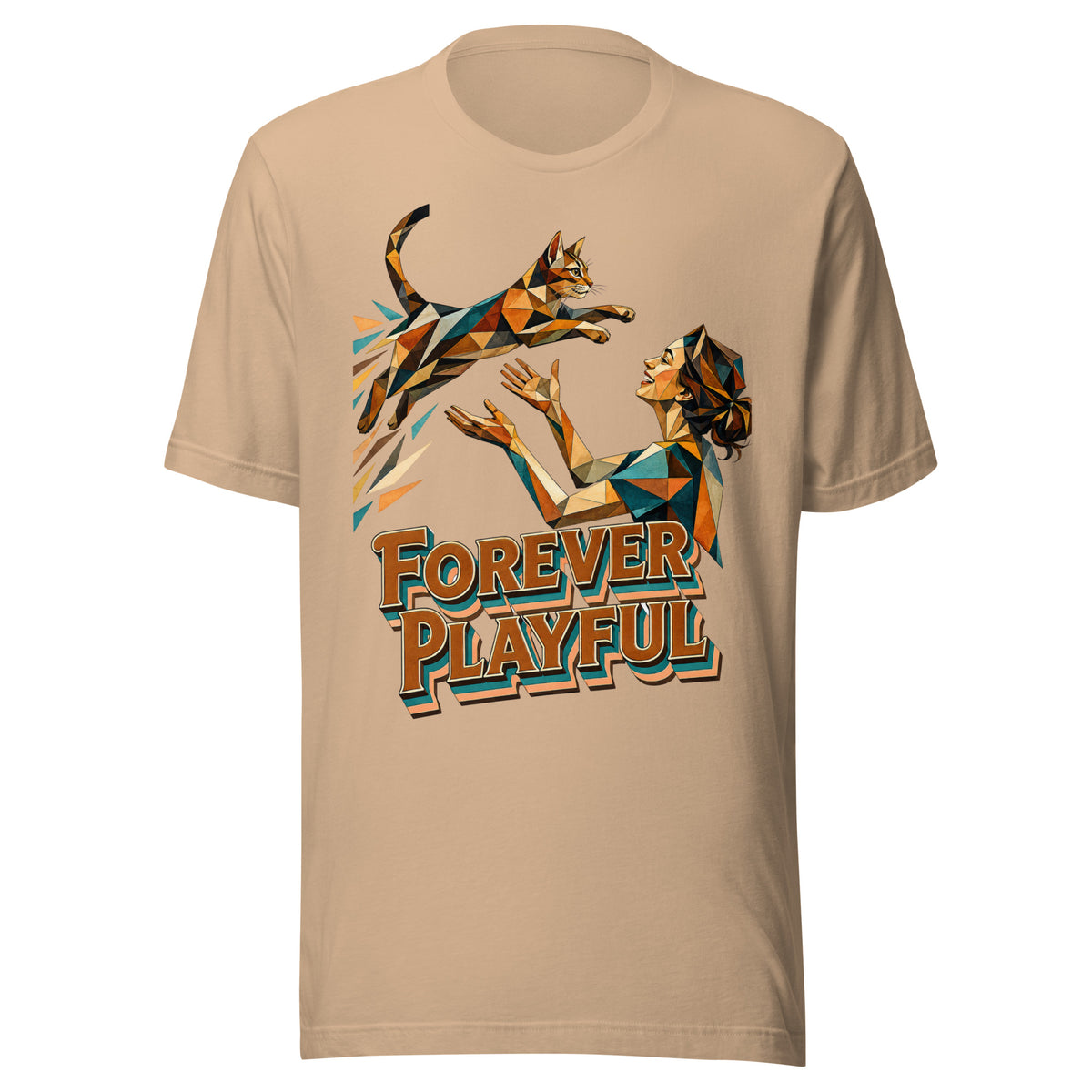 Cat Lovers Unisex Staple T-Shirt – Forever Playful Geometric Cat Design by printfluence.net