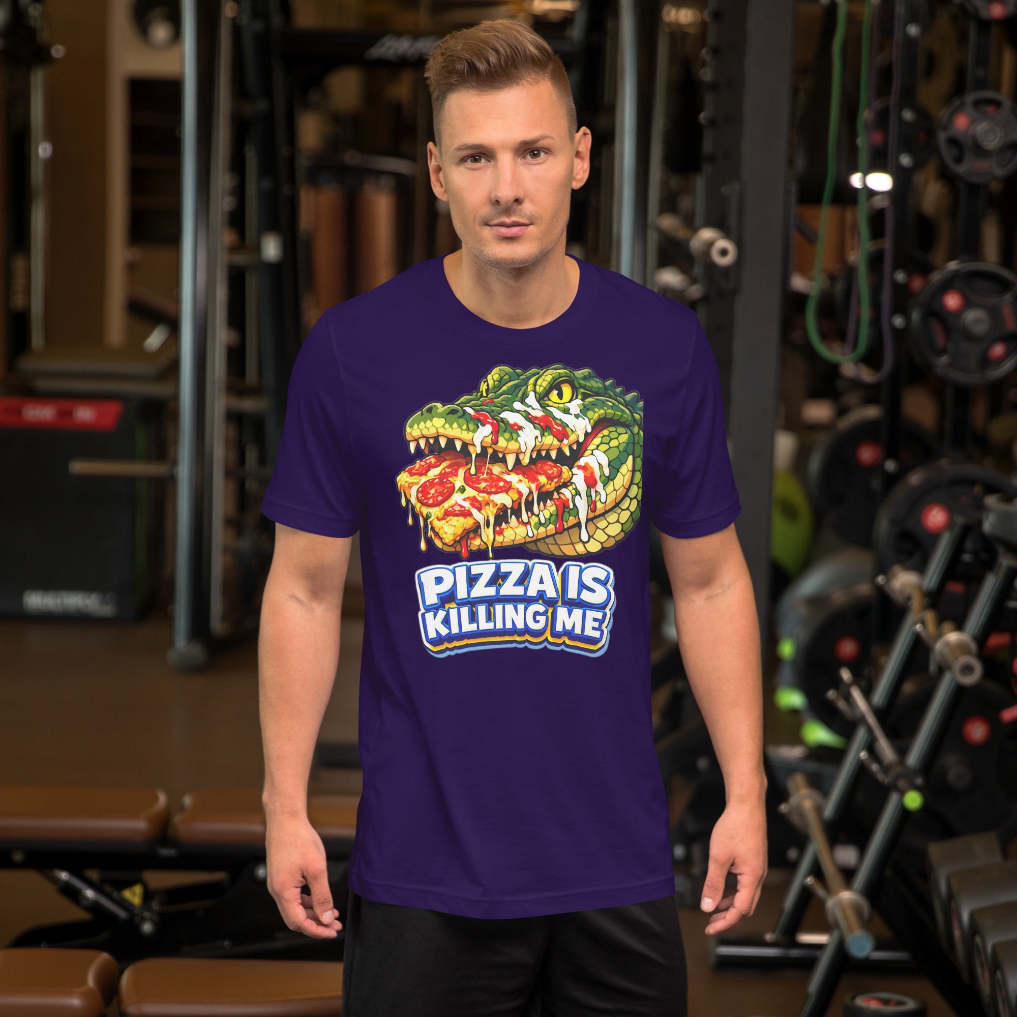 Unisex t-shirt - "Pizza Is Killing Me" Funny Crocodile Graphic Tee – Retro Pizza Lover Streetwear by printfluence.net