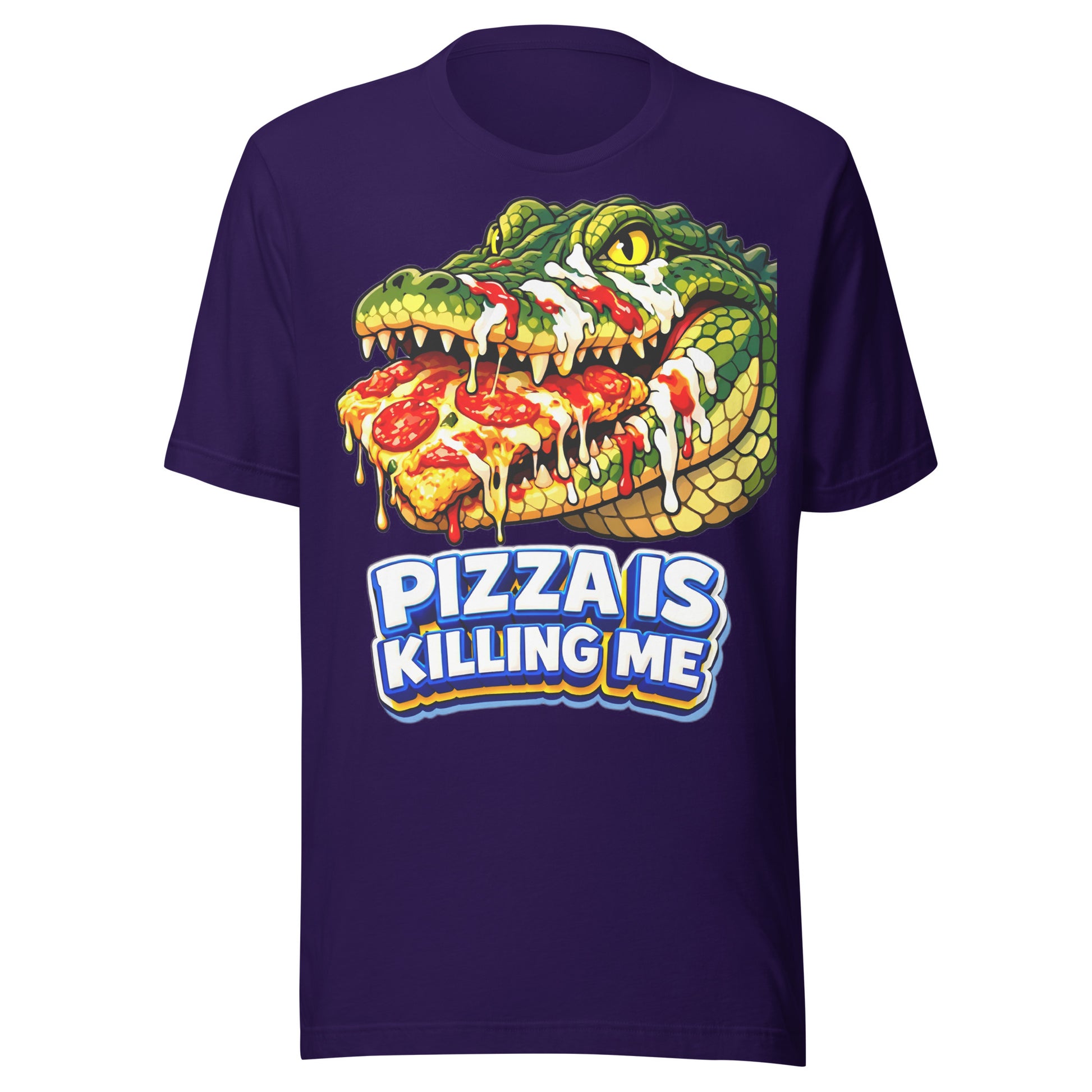 Unisex t-shirt - "Pizza Is Killing Me" Funny Crocodile Graphic Tee – Retro Pizza Lover Streetwear by printfluence.net
