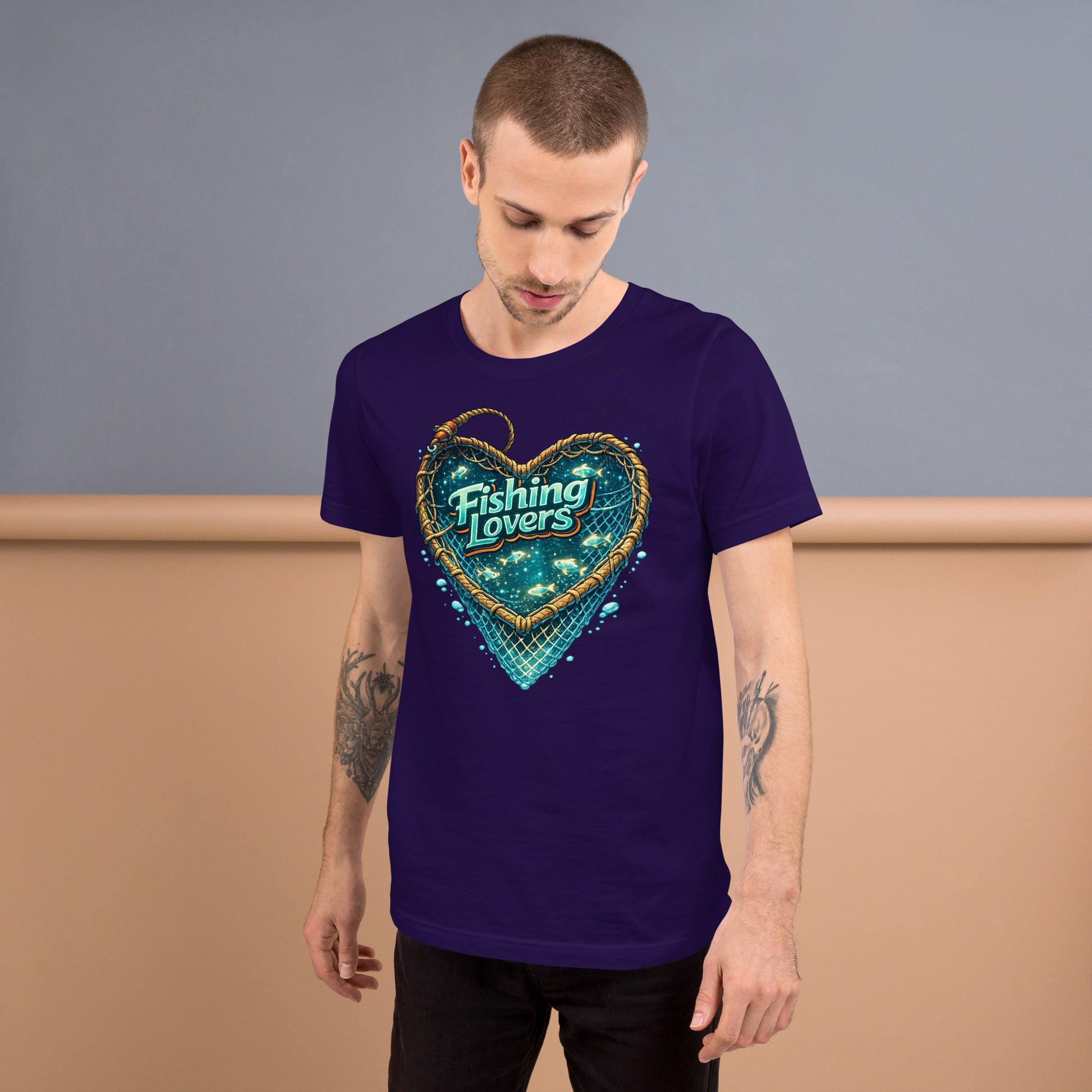 Fishing Lovers T-Shirt - Cute Heart Fish Net Graphic Tee for Fishermen & Coffee Lovers by printfluence.net