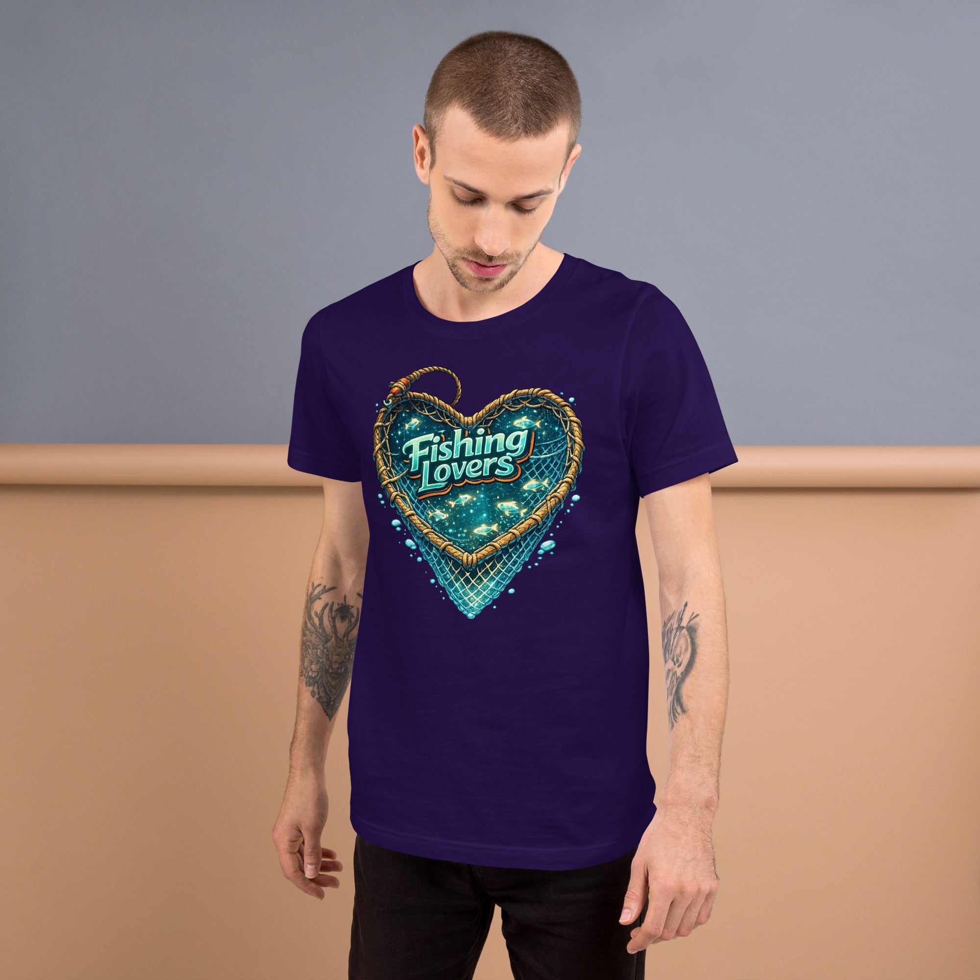 Fishing Lovers T-Shirt - Cute Heart Fish Net Graphic Tee for Fishermen & Coffee Lovers by printfluence.net