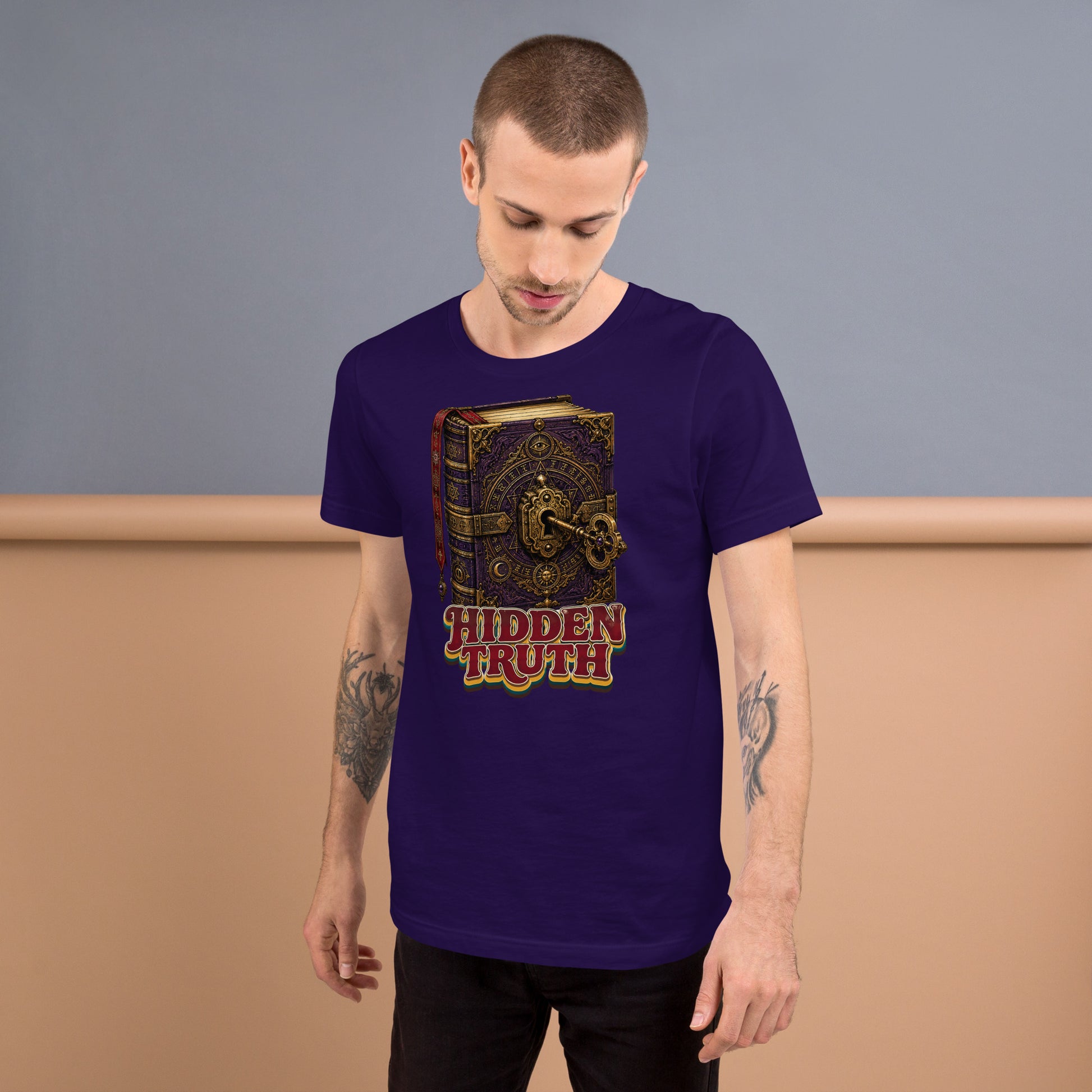Horror and Mystery Lovers Unisex Staple T-Shirt — "Hidden Truth" Cursed Grimoire and Esoteric Key Design by printfluence.net