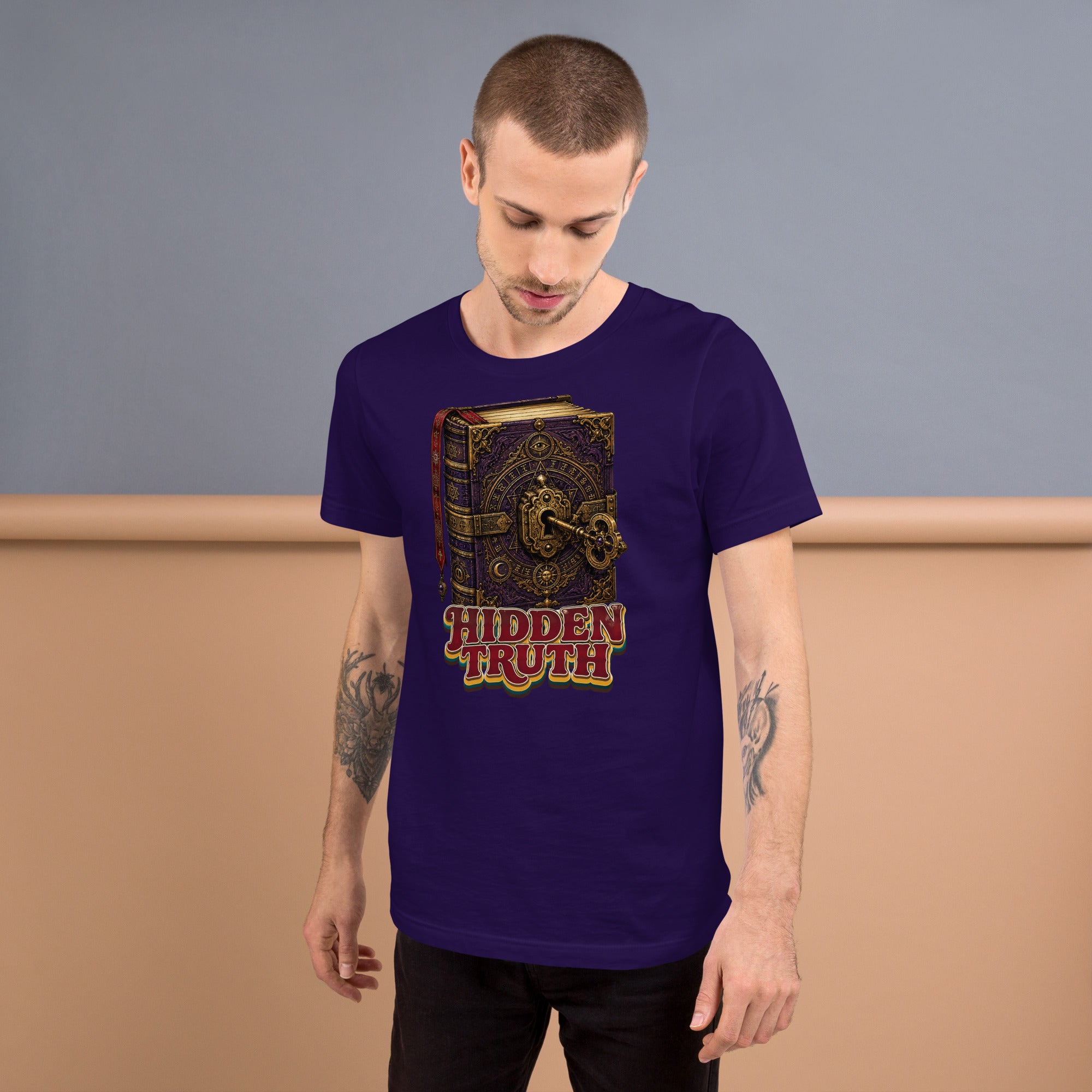 Horror and Mystery Lovers Unisex Staple T-Shirt — "Hidden Truth" Cursed Grimoire and Esoteric Key Design by printfluence.net