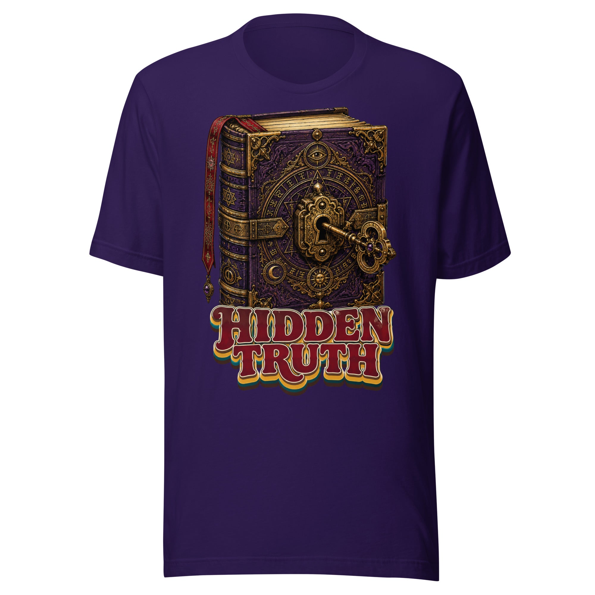 Horror and Mystery Lovers Unisex Staple T-Shirt — "Hidden Truth" Cursed Grimoire and Esoteric Key Design by printfluence.net