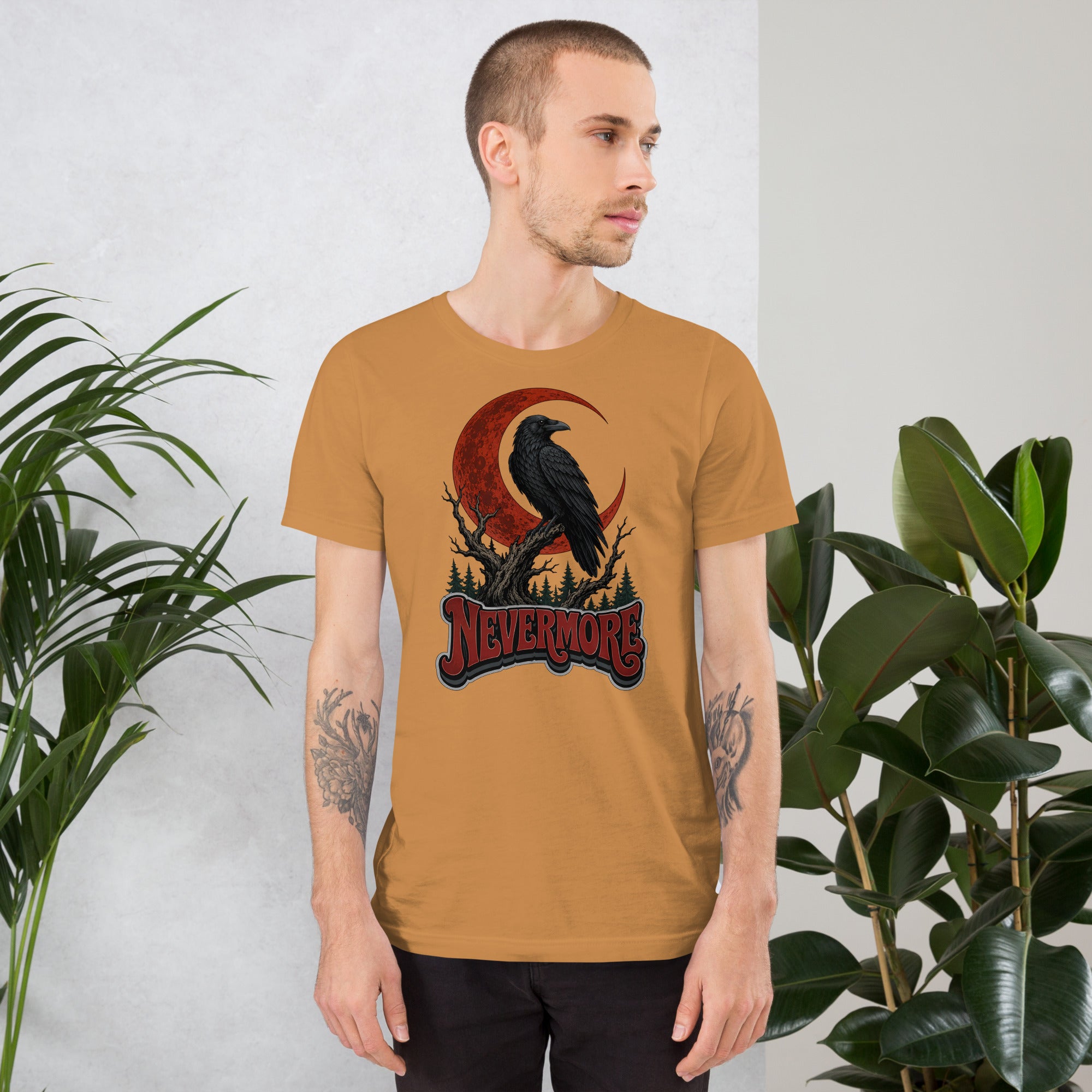 Horror & Mystery Lovers Unisex Staple T-Shirt — "Nevermore" Blood Moon Raven and Dead Tree Design by printfluence.net