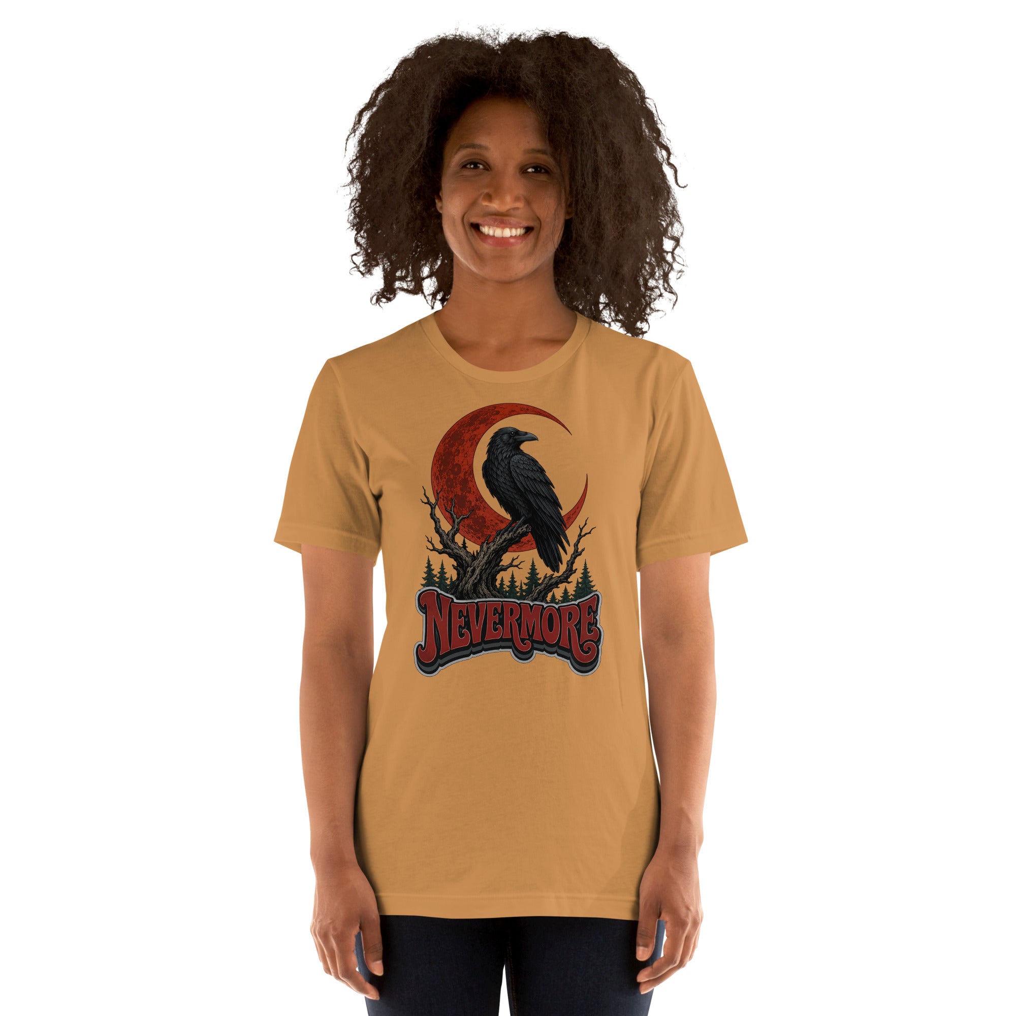 Horror & Mystery Lovers Unisex Staple T-Shirt — "Nevermore" Blood Moon Raven and Dead Tree Design by printfluence.net