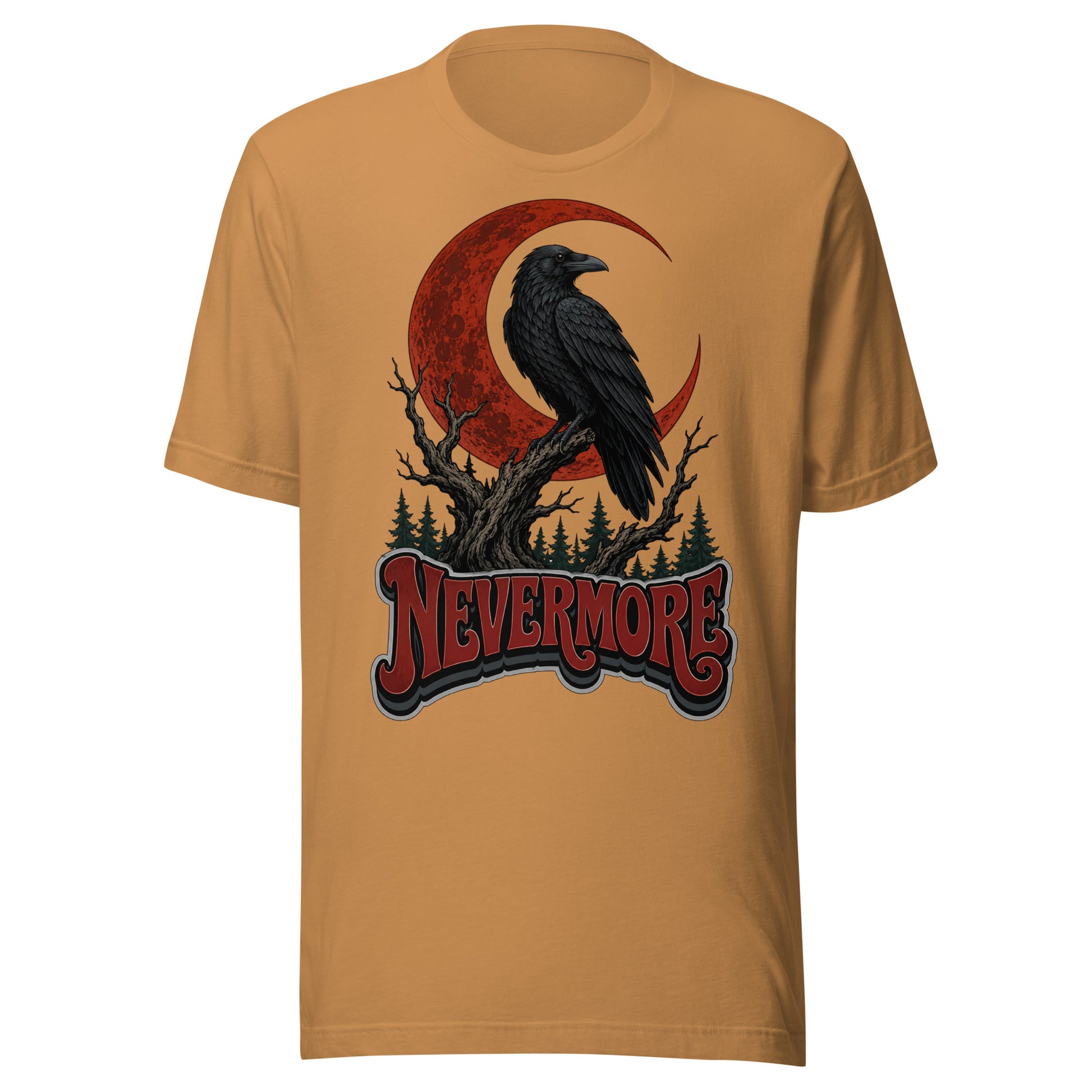 Horror & Mystery Lovers Unisex Staple T-Shirt — "Nevermore" Blood Moon Raven and Dead Tree Design by printfluence.net