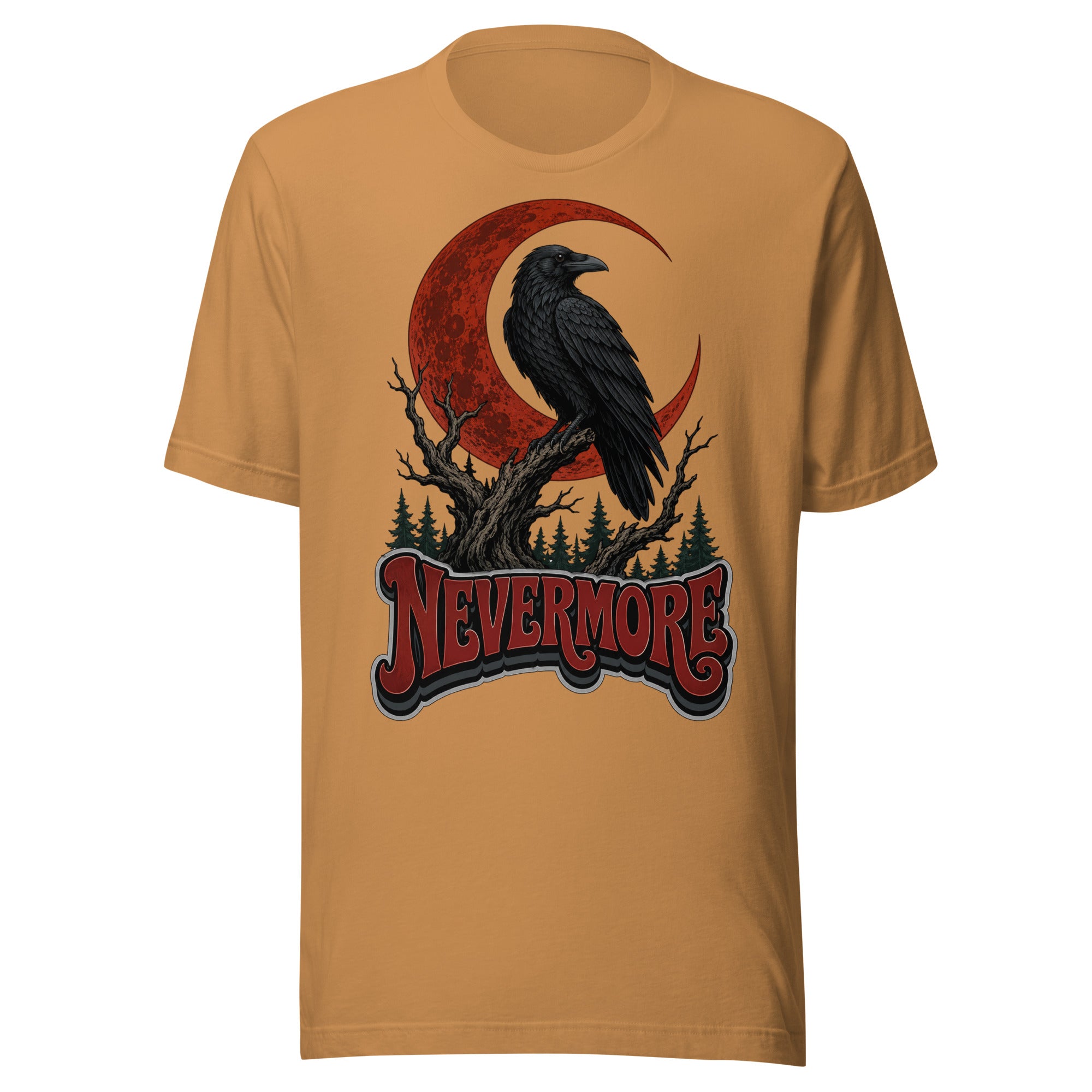 Horror & Mystery Lovers Unisex Staple T-Shirt — "Nevermore" Blood Moon Raven and Dead Tree Design by printfluence.net
