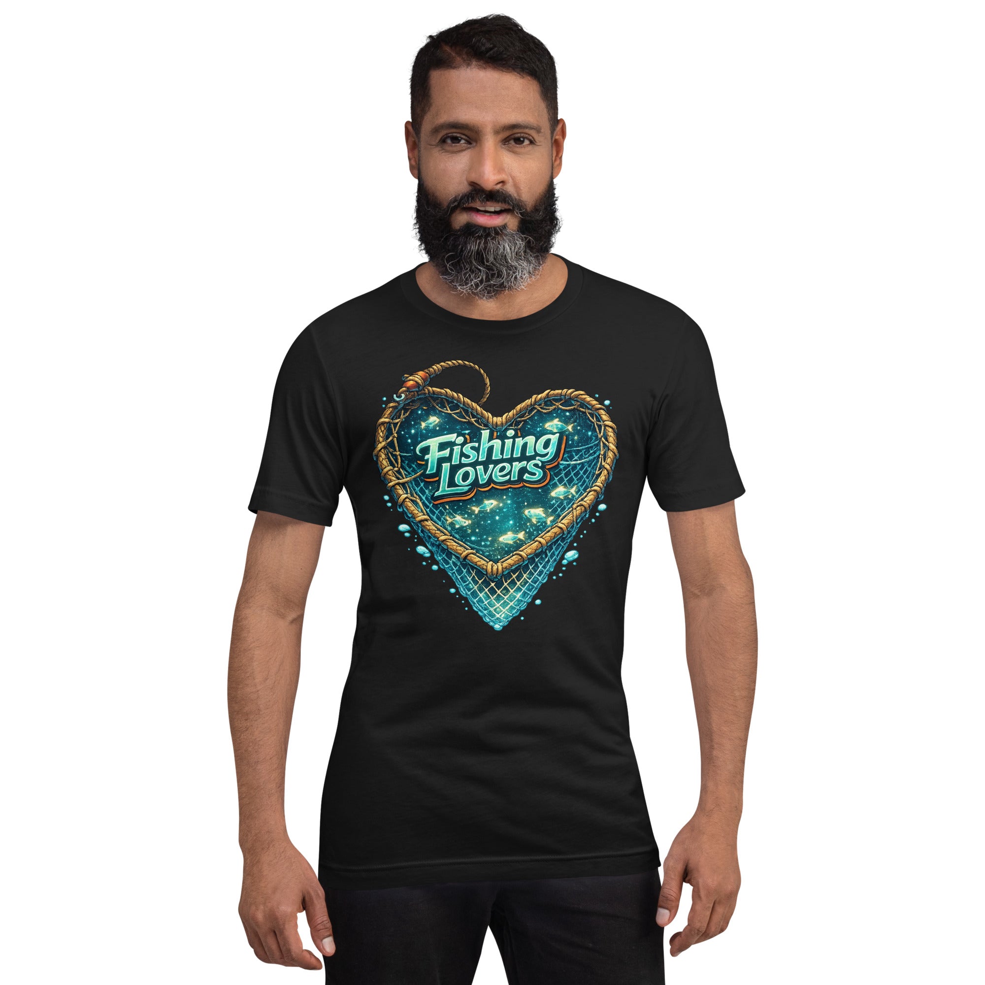Fishing Lovers T-Shirt - Cute Heart Fish Net Graphic Tee for Fishermen & Coffee Lovers by printfluence.net