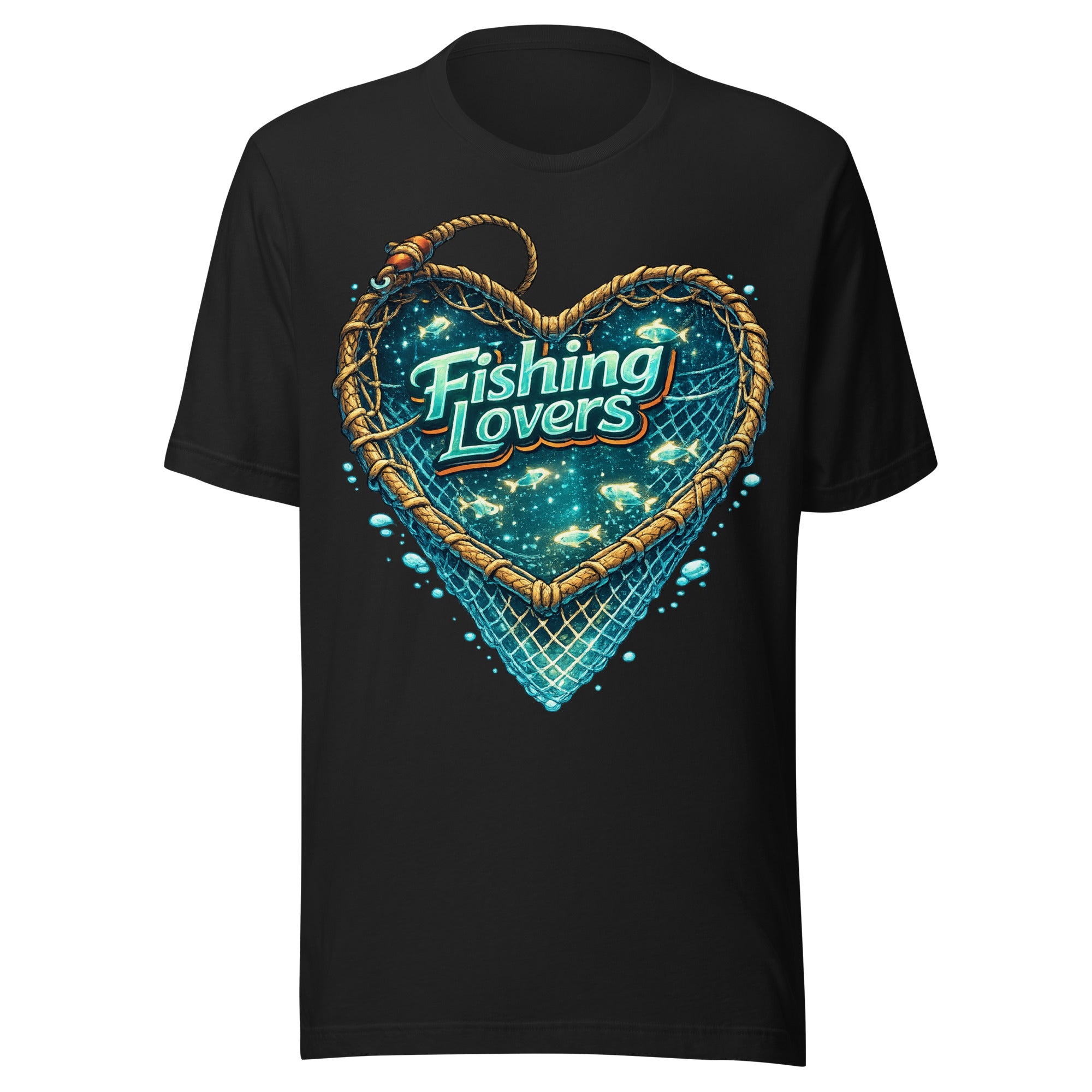 Fishing Lovers T-Shirt - Cute Heart Fish Net Graphic Tee for Fishermen & Coffee Lovers by printfluence.net