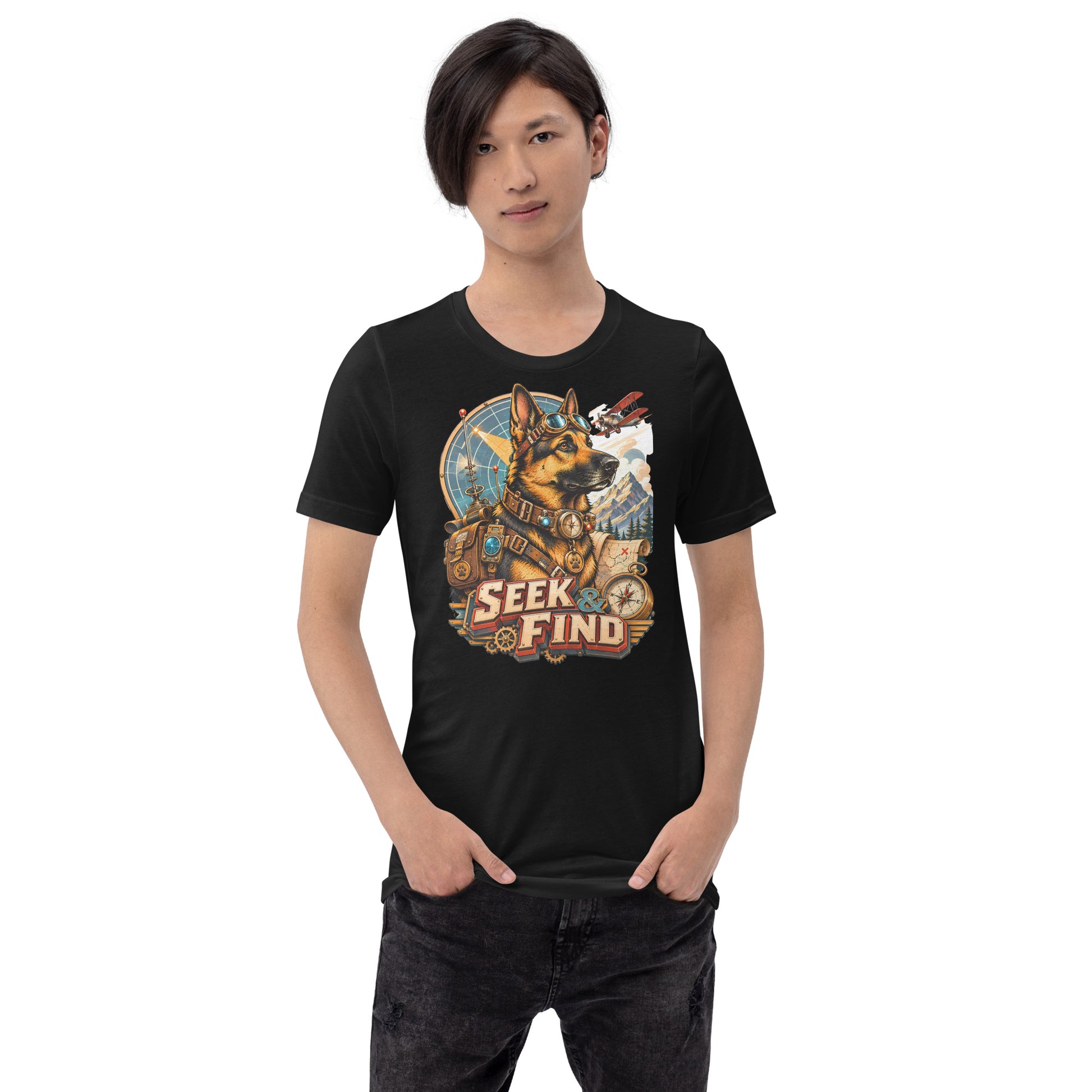 German Shepherd Lovers Unisex T-Shirt | "Seek & Find" Vintage Explorer Graphic Apparel by printfluence.net