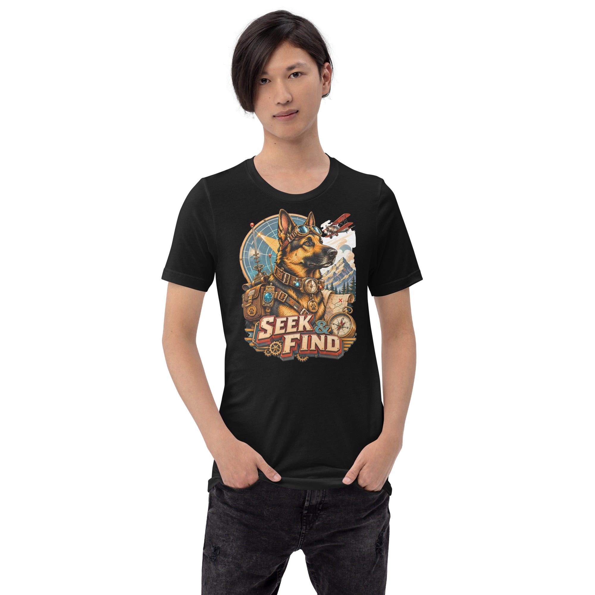 German Shepherd Lovers Unisex T-Shirt | "Seek & Find" Vintage Explorer Graphic Apparel by printfluence.net