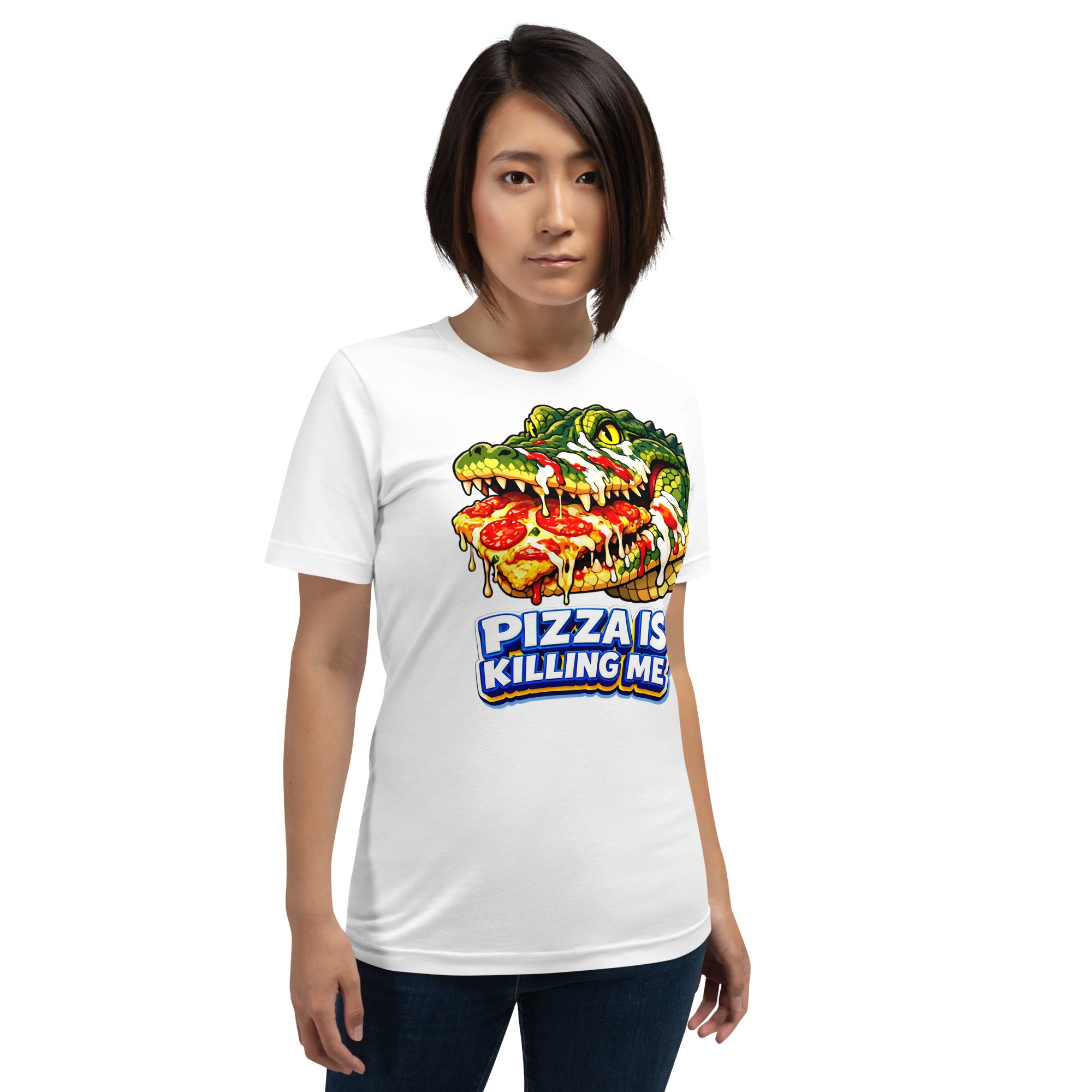 Unisex t-shirt - "Pizza Is Killing Me" Funny Crocodile Graphic Tee – Retro Pizza Lover Streetwear by printfluence.net