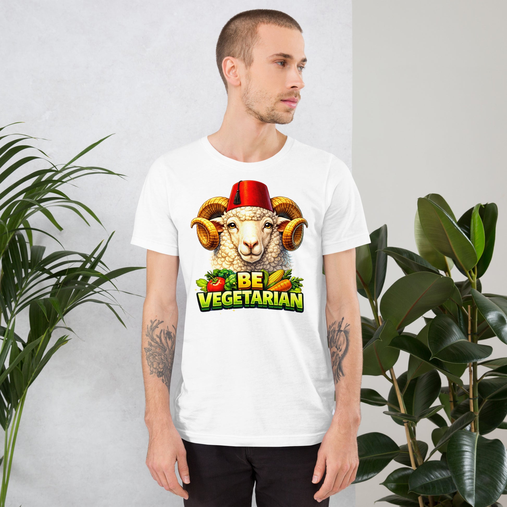 Unisex t-shirt - "Be Vegetarian" Fez-Wearing Ram Graphic Tee – Funny Eco-Friendly Animal Art T-Shirt by printfluence.net