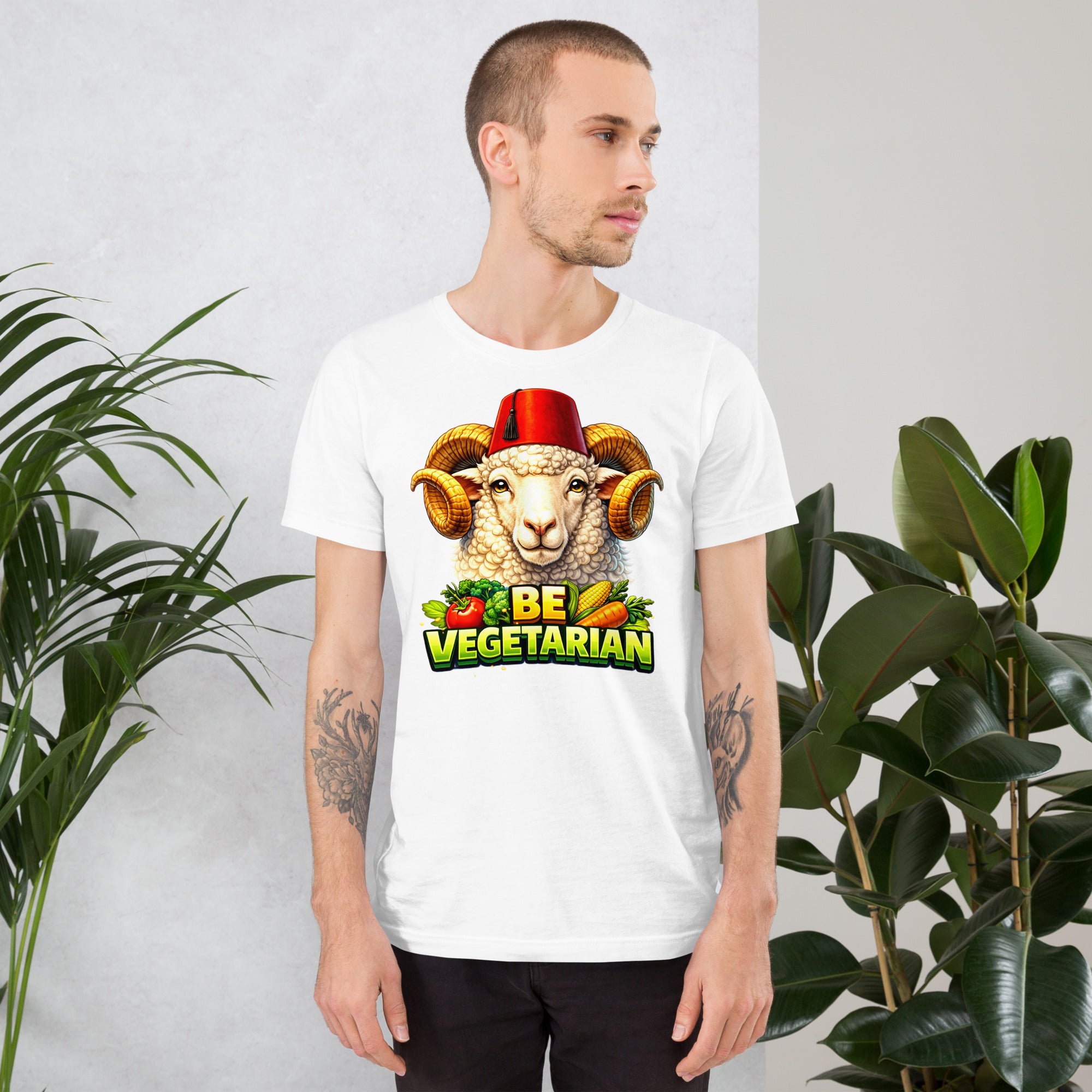 Unisex t-shirt - "Be Vegetarian" Fez-Wearing Ram Graphic Tee – Funny Eco-Friendly Animal Art T-Shirt by printfluence.net