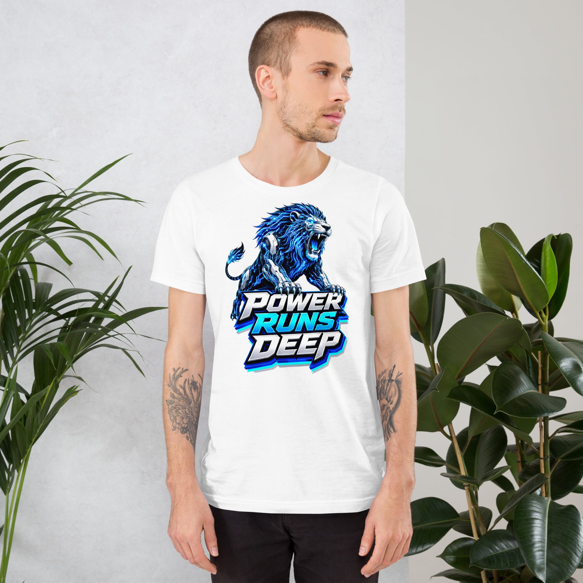 Unisex t-shirt - Cybernetic Neon Lion - Power Runs Deep Premium Graphic Design by printfluence.net